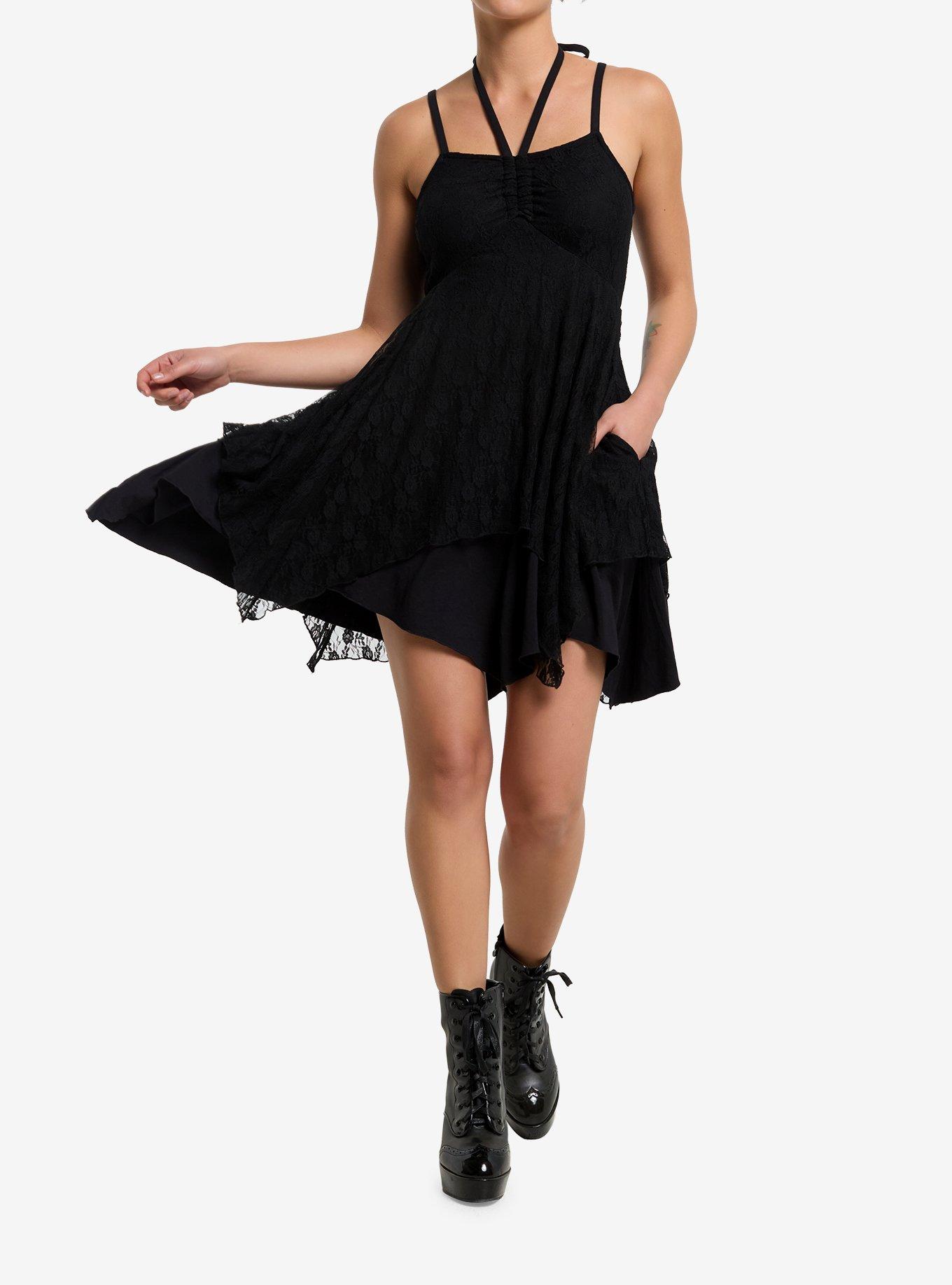 Black Lace Hanky Hem Halter Dress, , hi-res