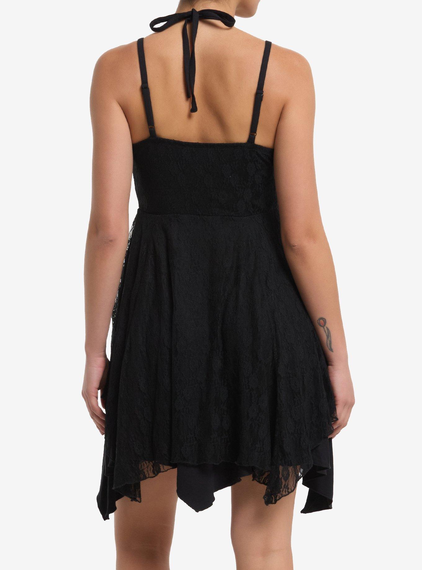 Black Lace Hanky Hem Halter Dress, BLACK, alternate