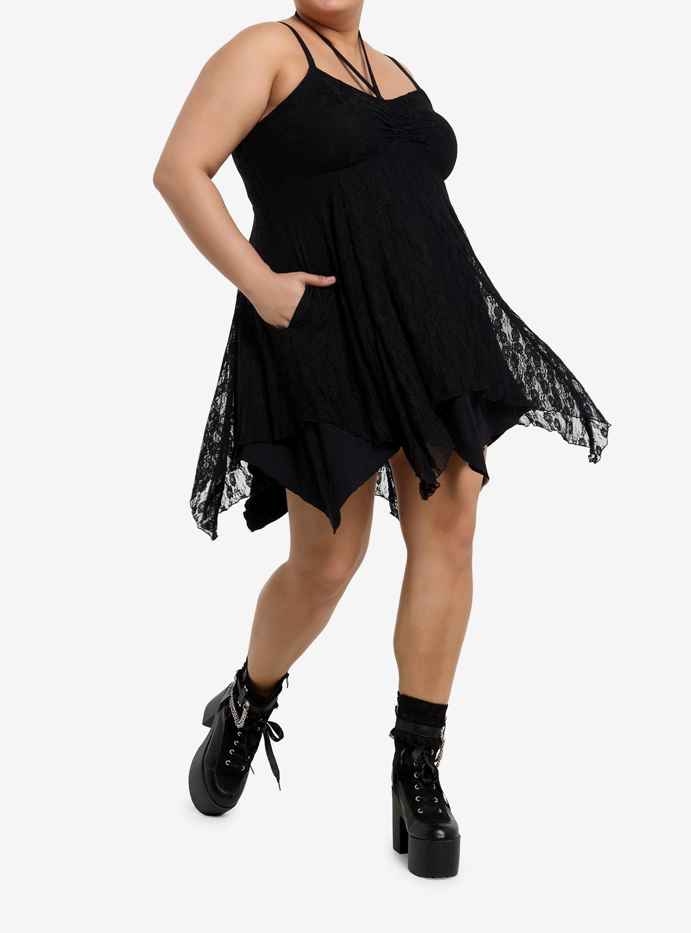 Black Lace Hanky Hem Halter Dress Plus Size, , hi-res