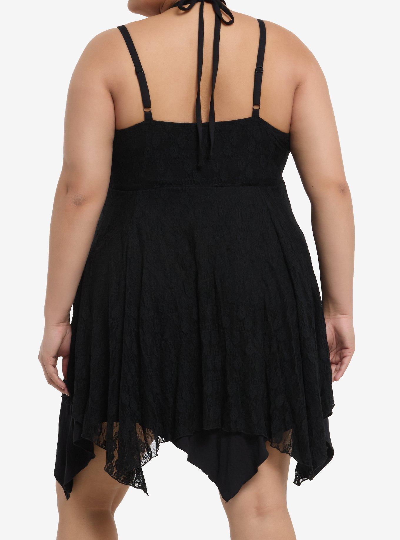 Black Lace Hanky Hem Halter Dress Plus Size, BLACK, alternate