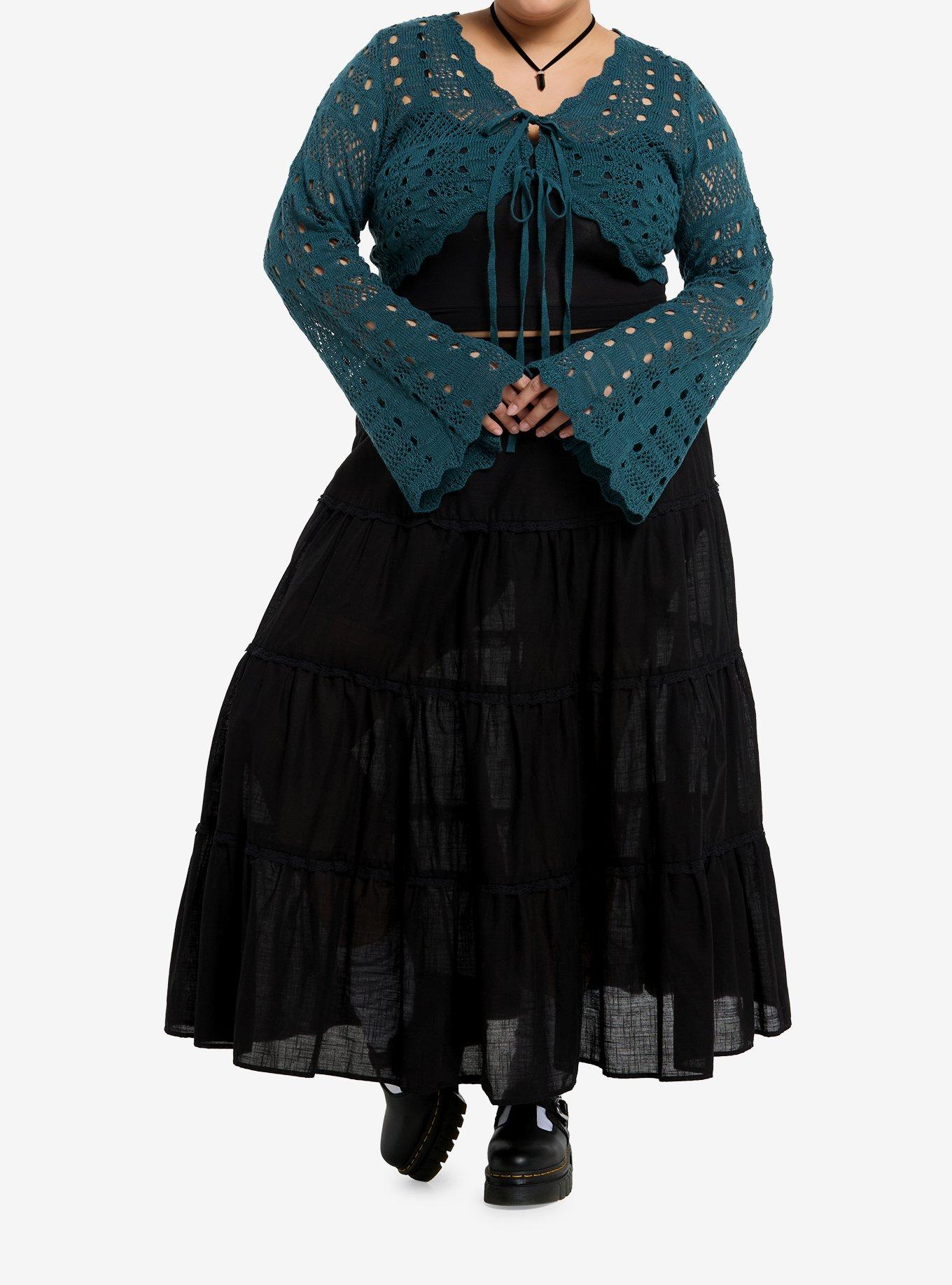 Cosmic Aura Teal Bell Sleeve Girls Crop Shrug Plus Size, , hi-res