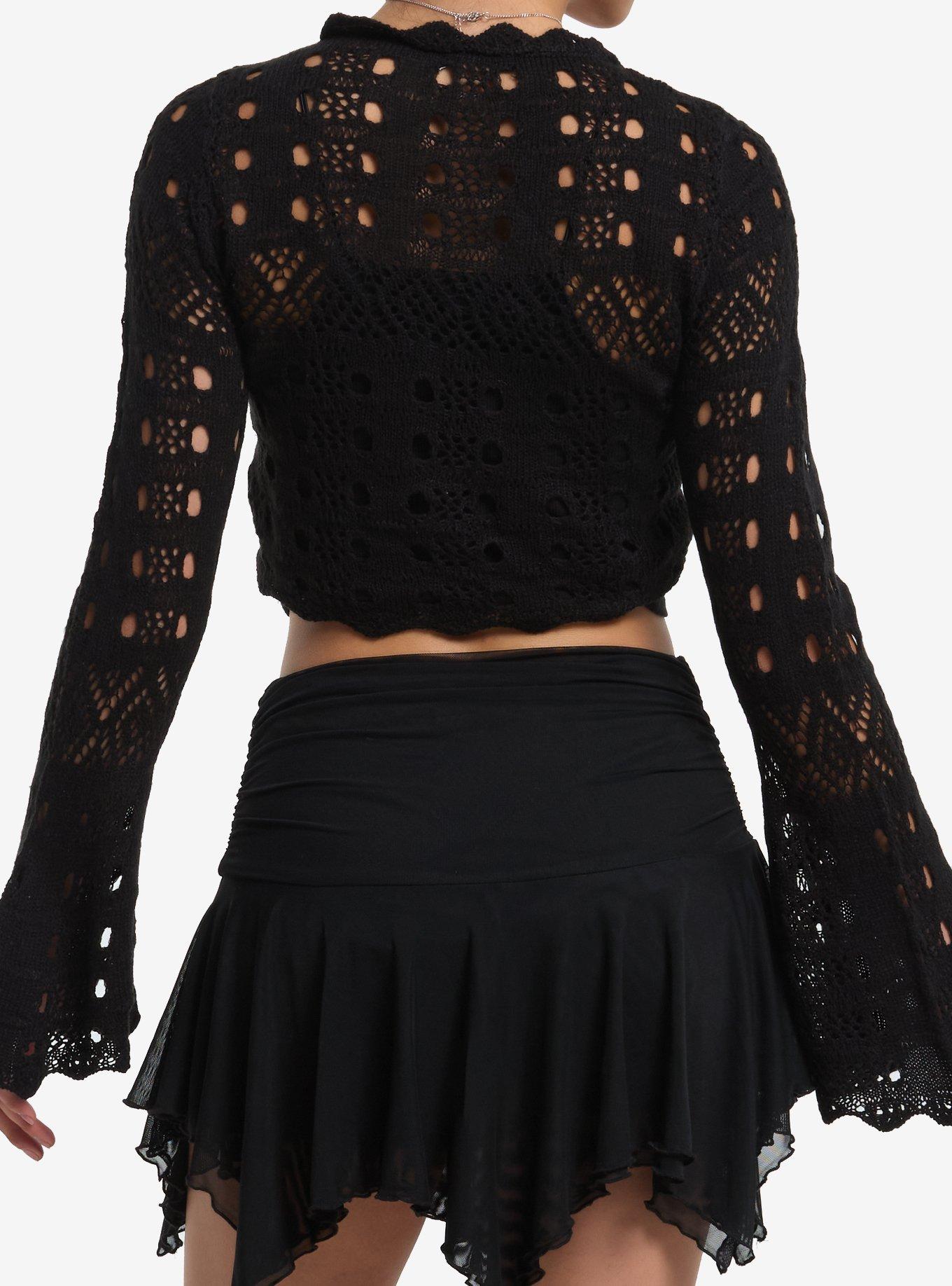 Cosmic Aura Black Bell Sleeve Girls Crop Shrug, BLACK, alternate