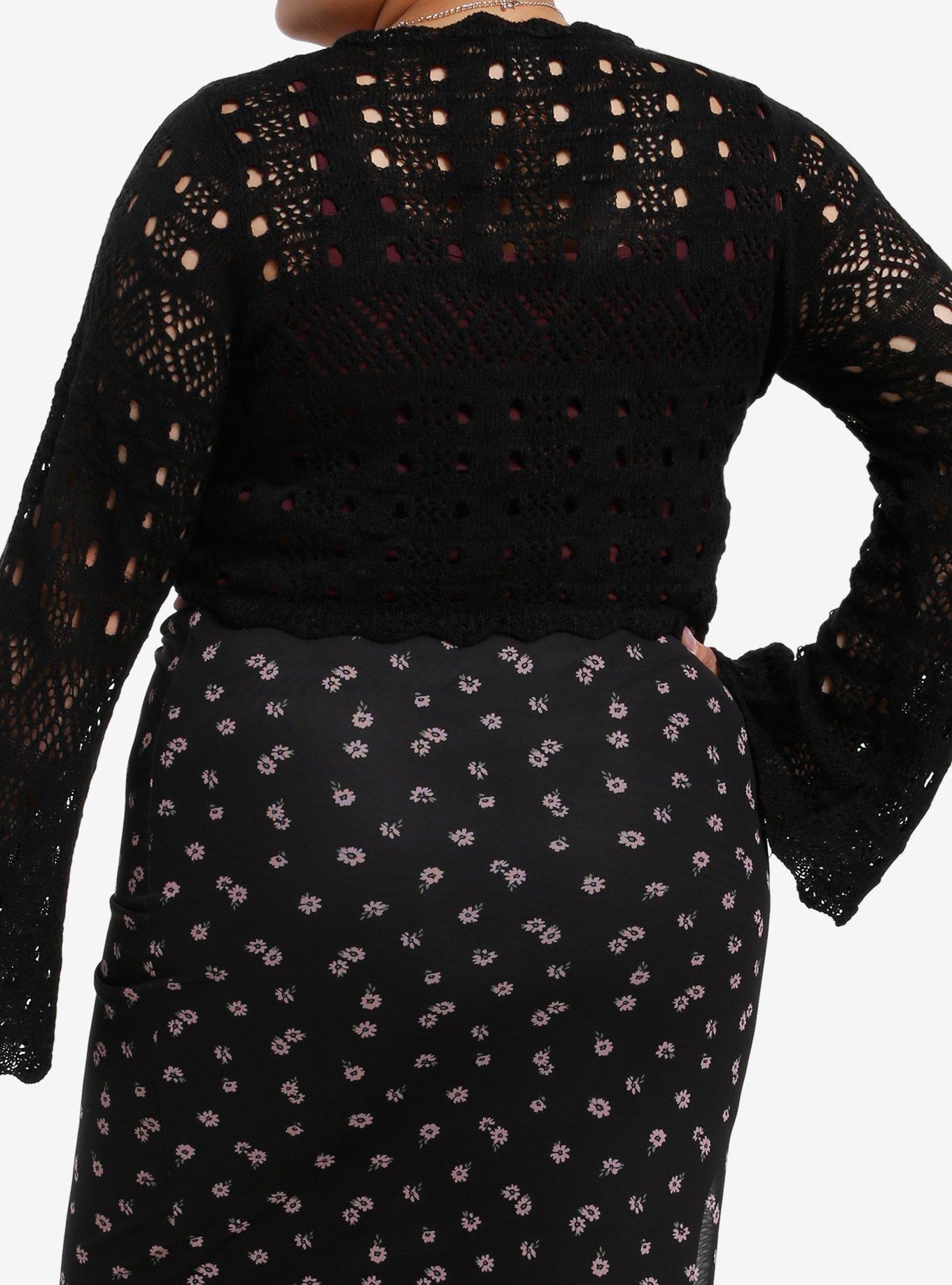 Cosmic Aura Black Bell Sleeve Girls Crop Shrug Plus Size, BLACK, alternate