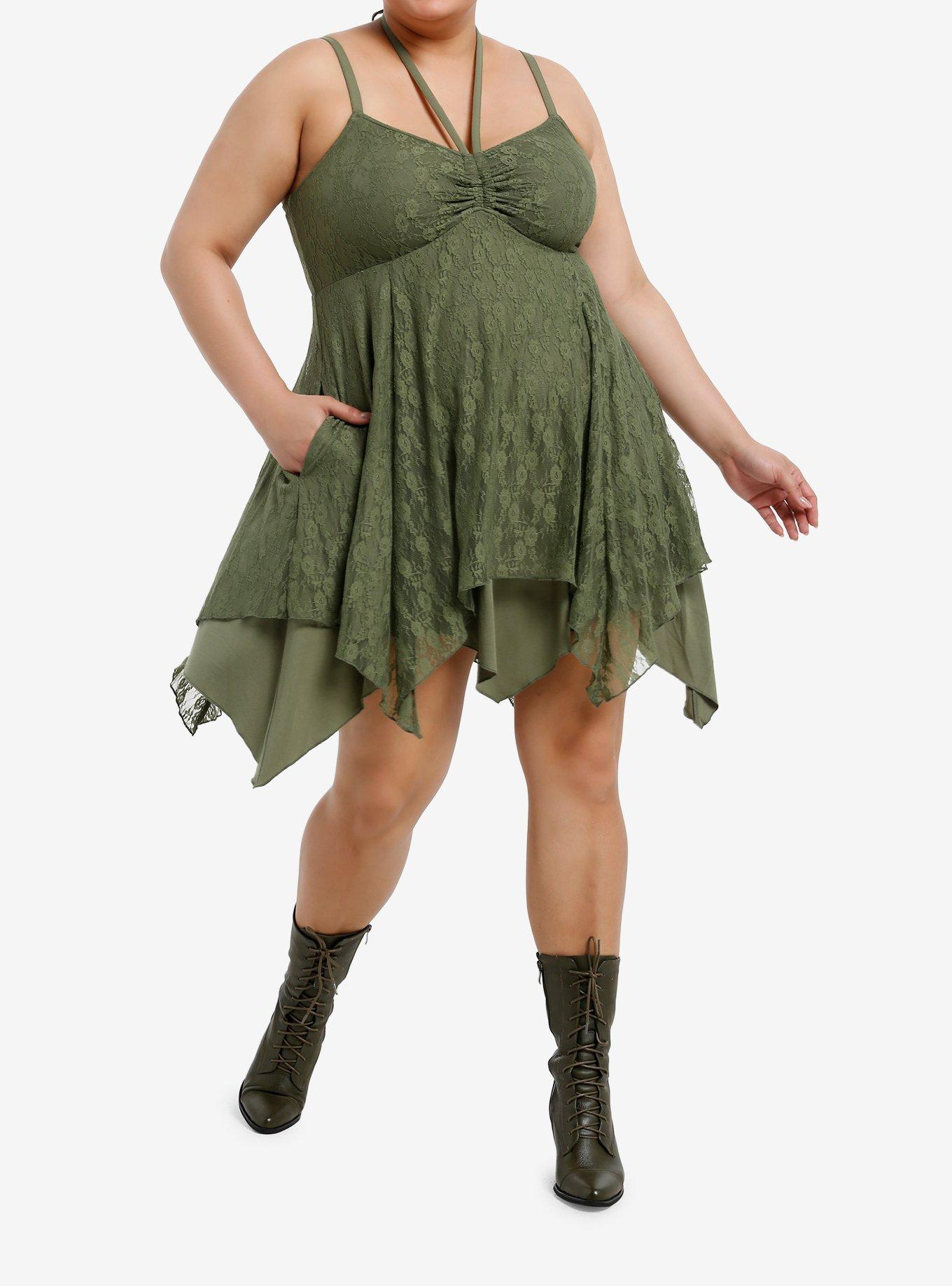 Thorn & Fable Green Lace Hanky Hem Halter Dress Plus Size, , hi-res