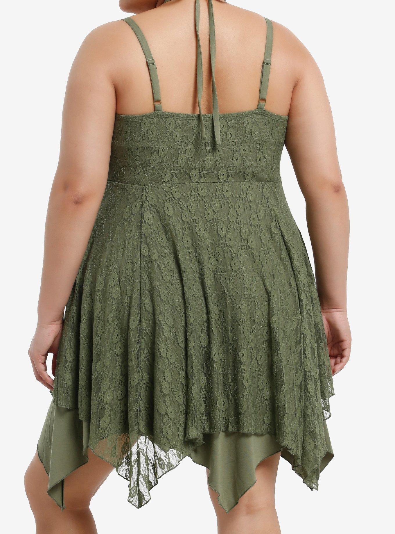 Thorn & Fable Green Lace Hanky Hem Halter Dress Plus Size, GREEN, alternate