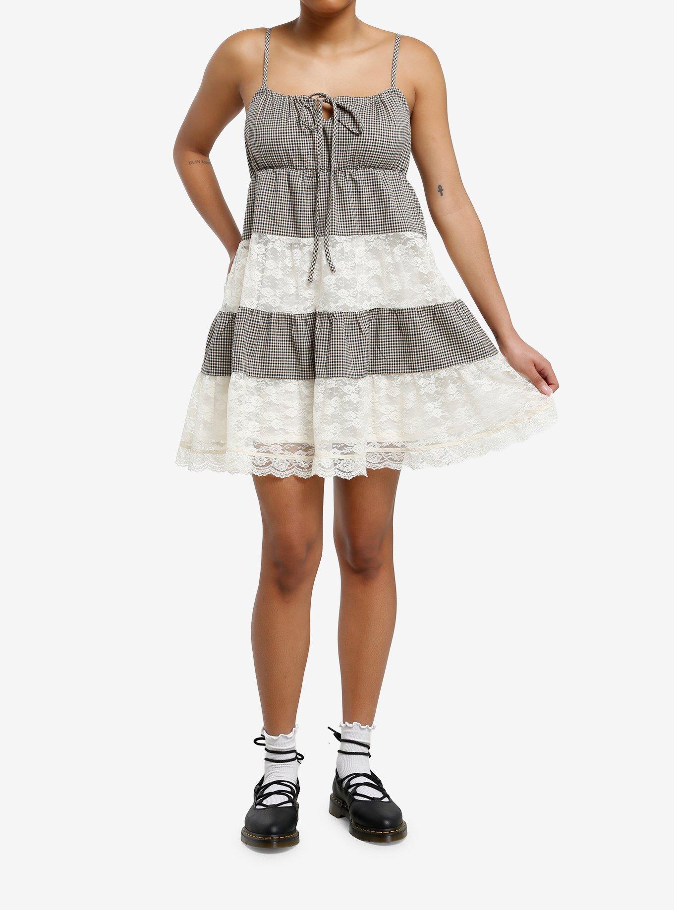 Thorn & Fable Brown Plaid & Lace Tiered Babydoll Dress, , hi-res