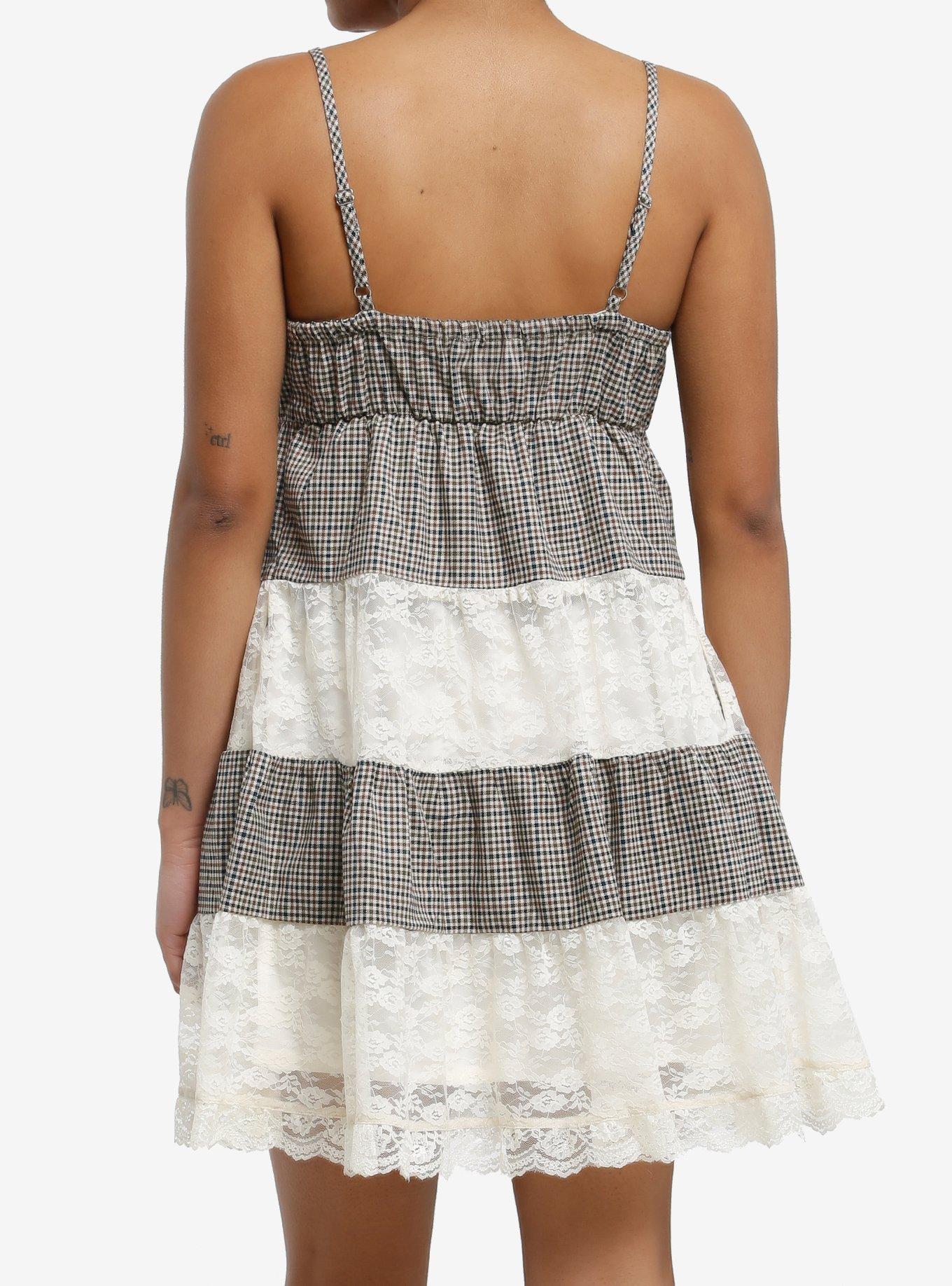 Thorn & Fable Brown Plaid & Lace Tiered Babydoll Dress, , alternate