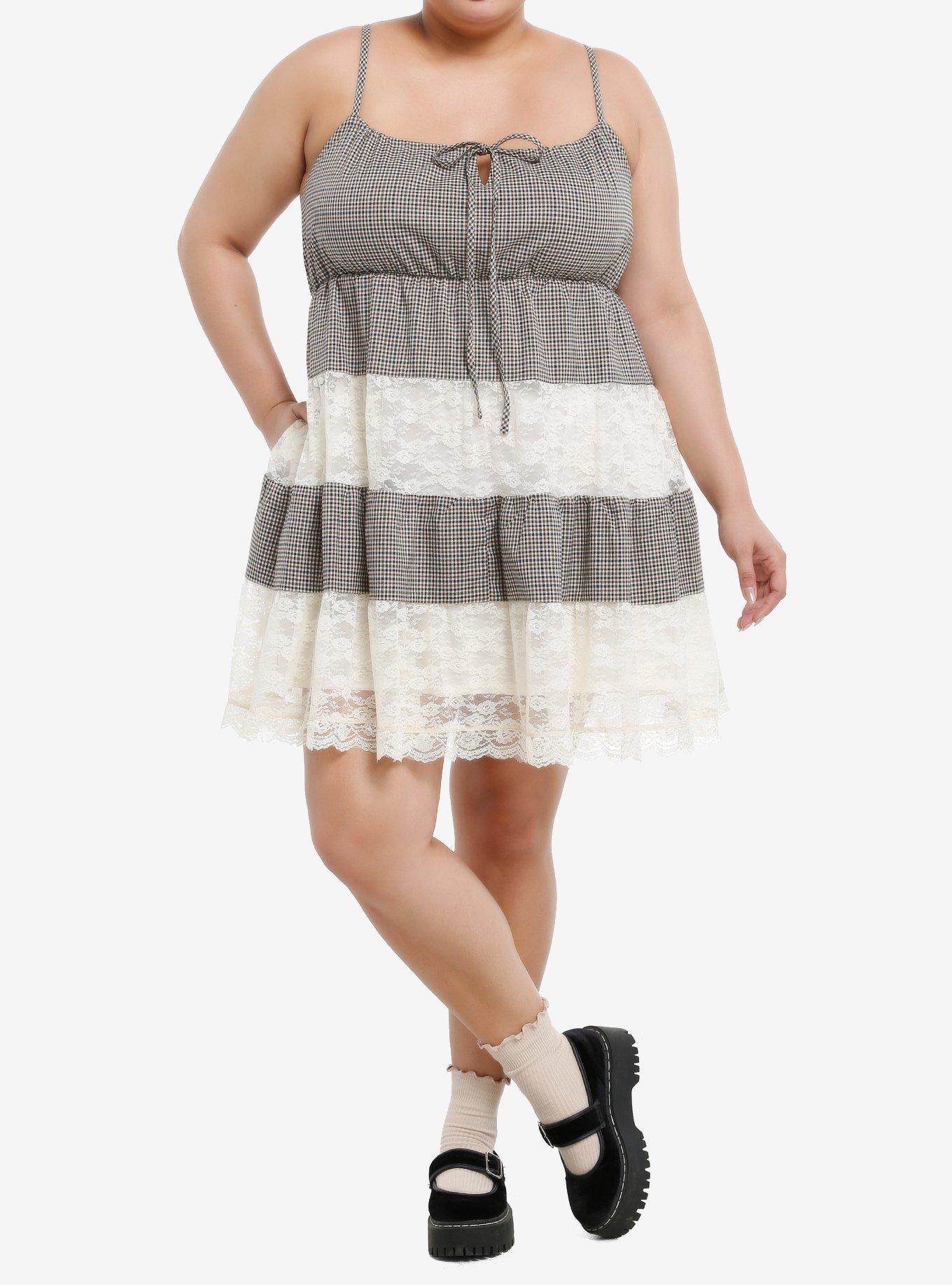 Thorn & Fable Brown Plaid & Lace Tiered Babydoll Dress Plus Size, , hi-res