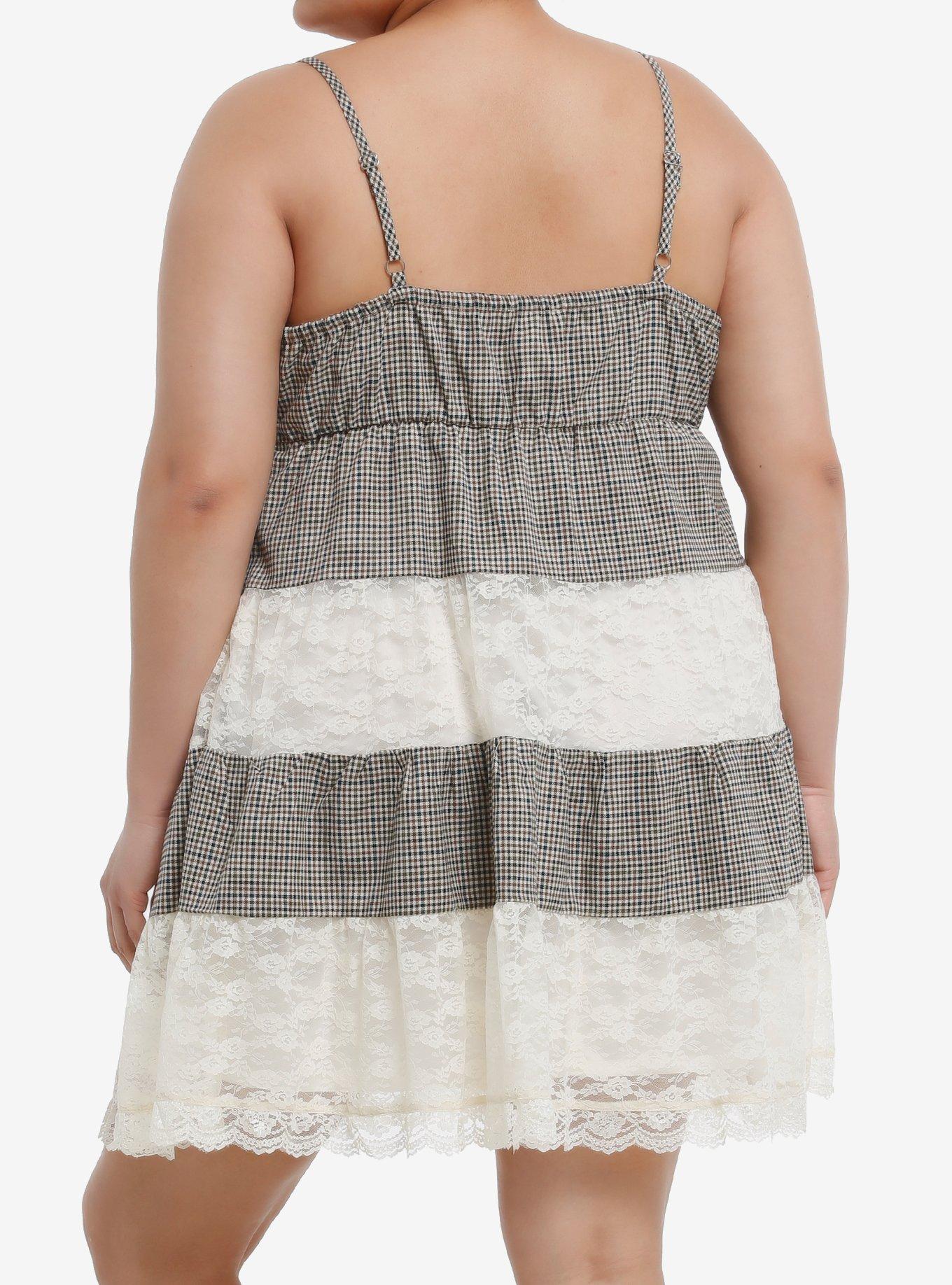 Thorn & Fable Brown Plaid & Lace Tiered Babydoll Dress Plus Size, , alternate
