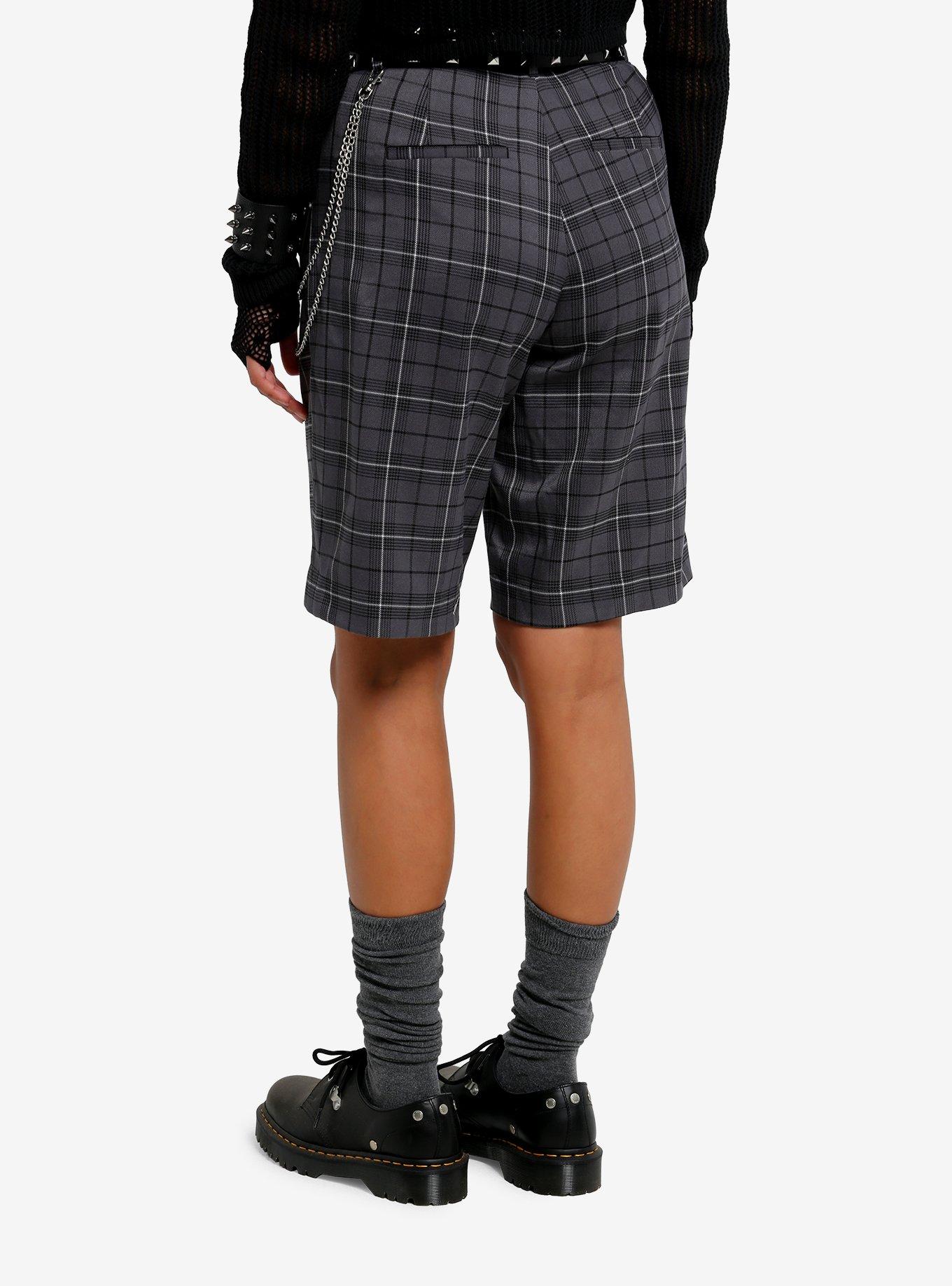 Grey Plaid Long Shorts, , hi-res