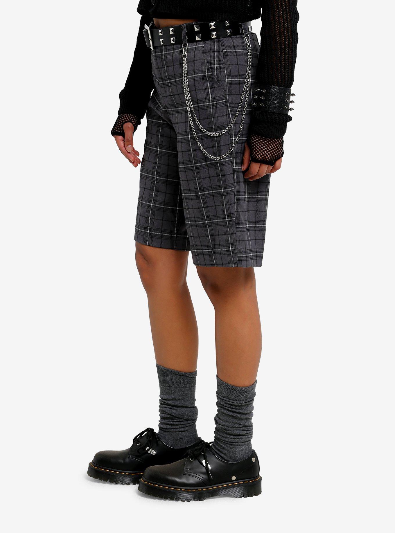 Grey Plaid Long Shorts, BLACK, alternate