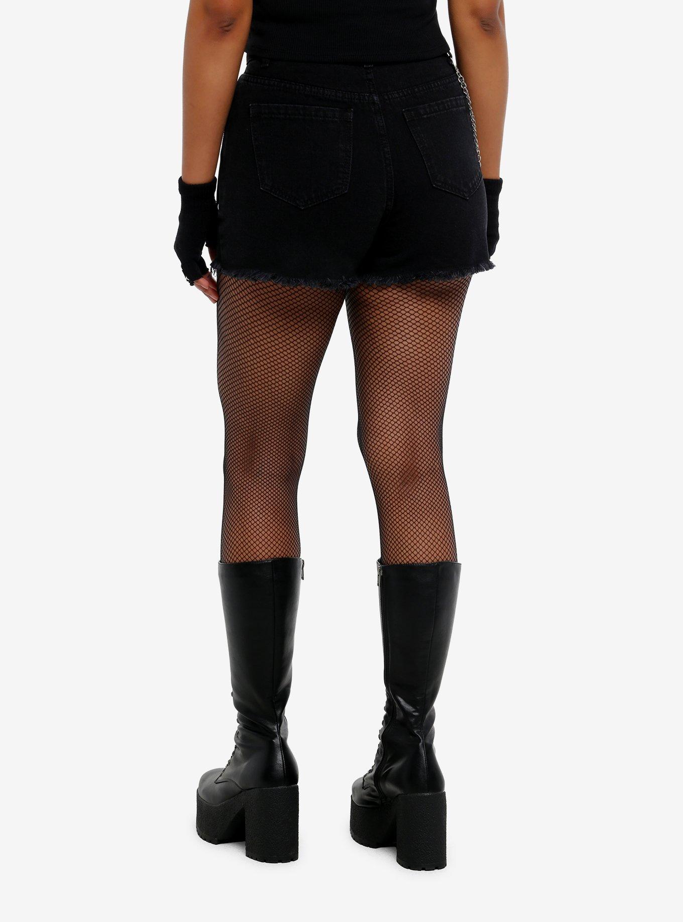 Social Collision Black Denim & Faux Leather Shorts With Chains, , hi-res