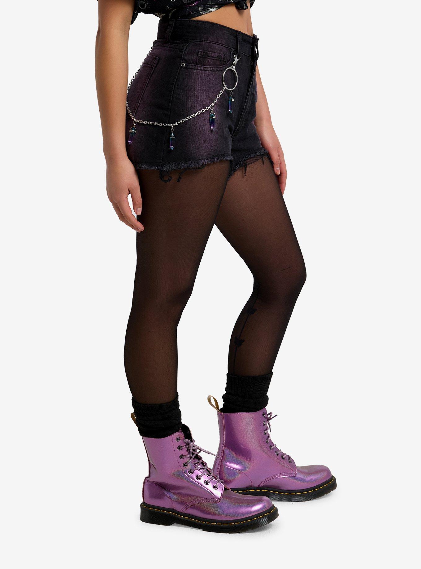 Black & Purple Ombre Denim Shorts With Crystal Chain, PURPLE, alternate