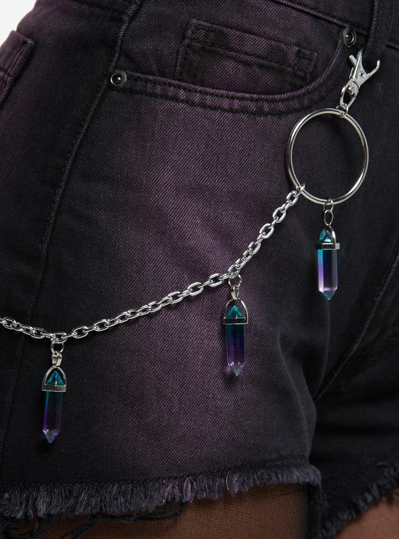 Black & Purple Ombre Denim Shorts With Crystal Chain, PURPLE, alternate