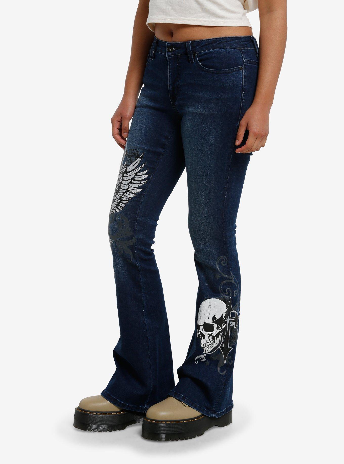 Indigo Winged Skull Low Rise Flare Jeans, , hi-res