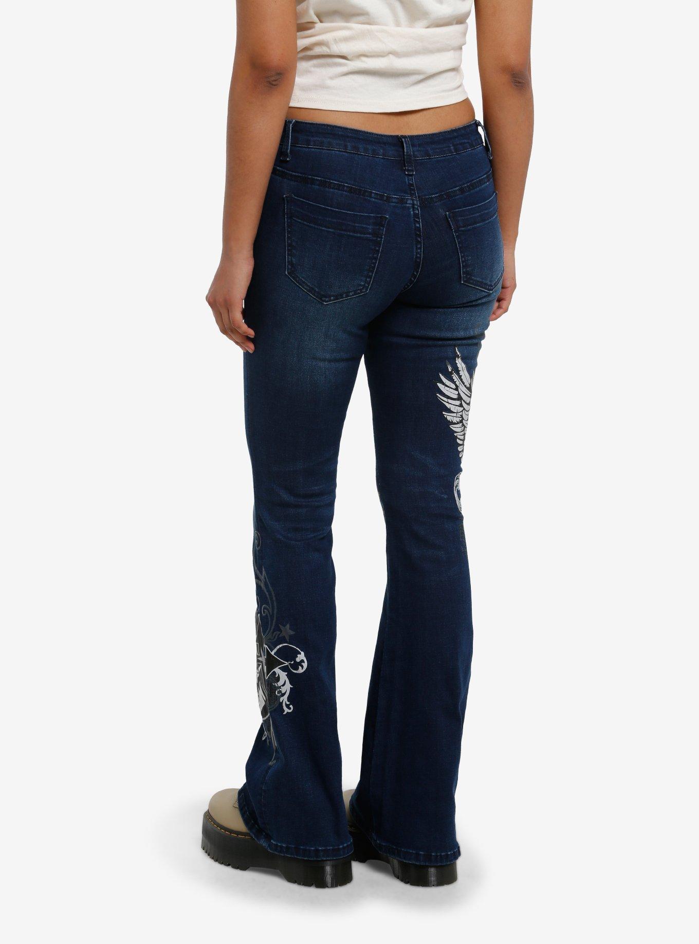 Indigo Winged Skull Low Rise Flare Jeans, BLACK, alternate