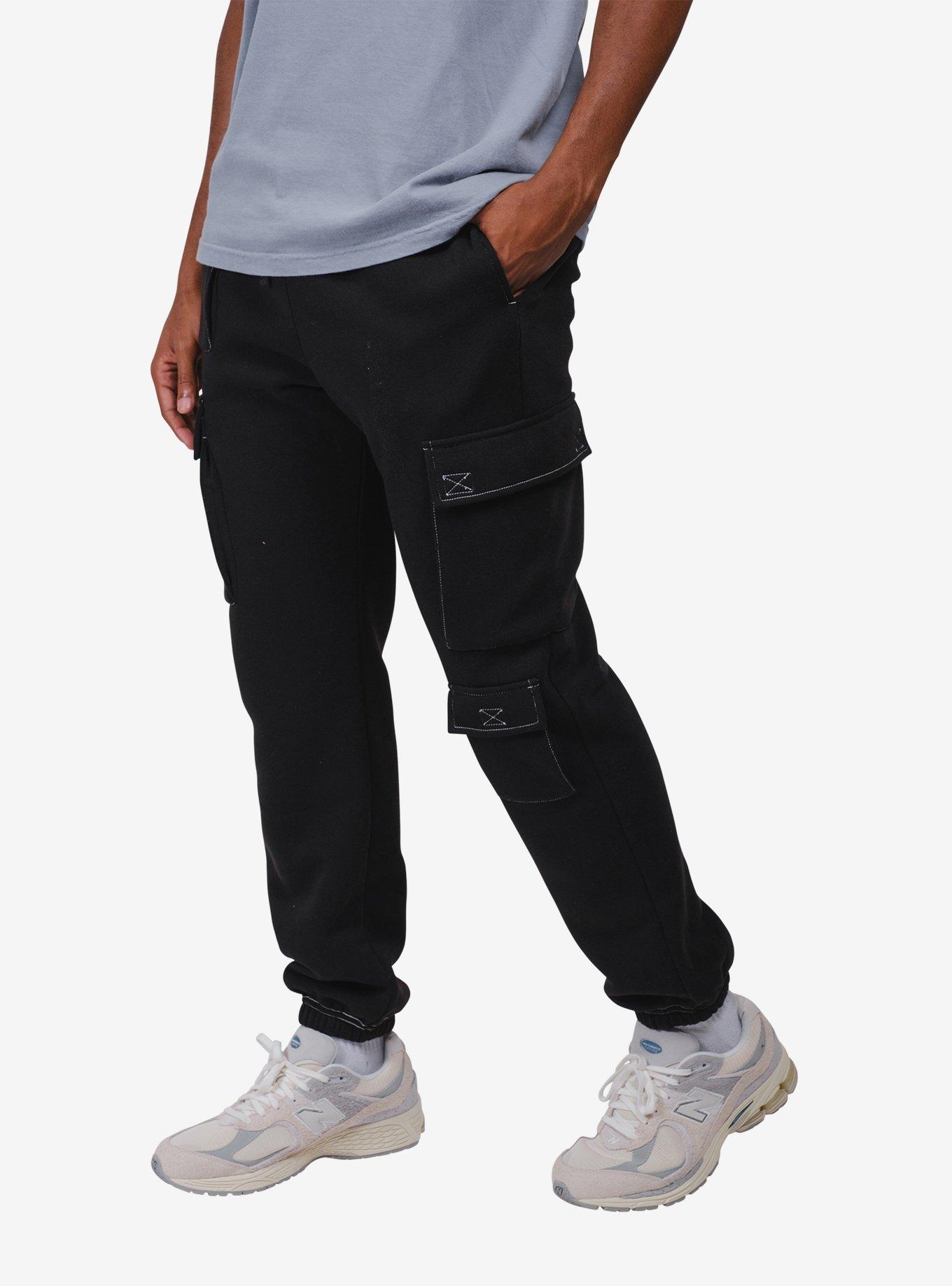 Black Contrast Stitch Cargo Sweatpant, BLACK, alternate