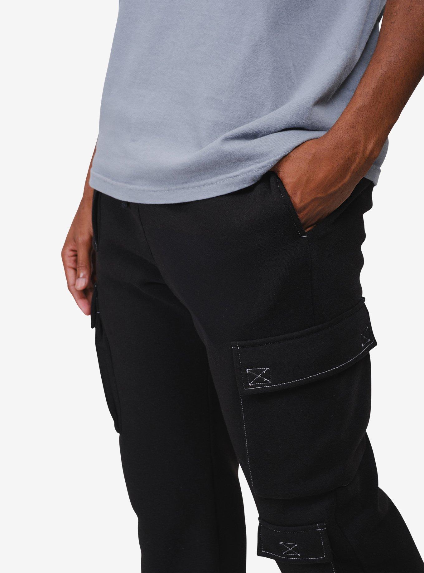 Black Contrast Stitch Cargo Sweatpant, BLACK, alternate