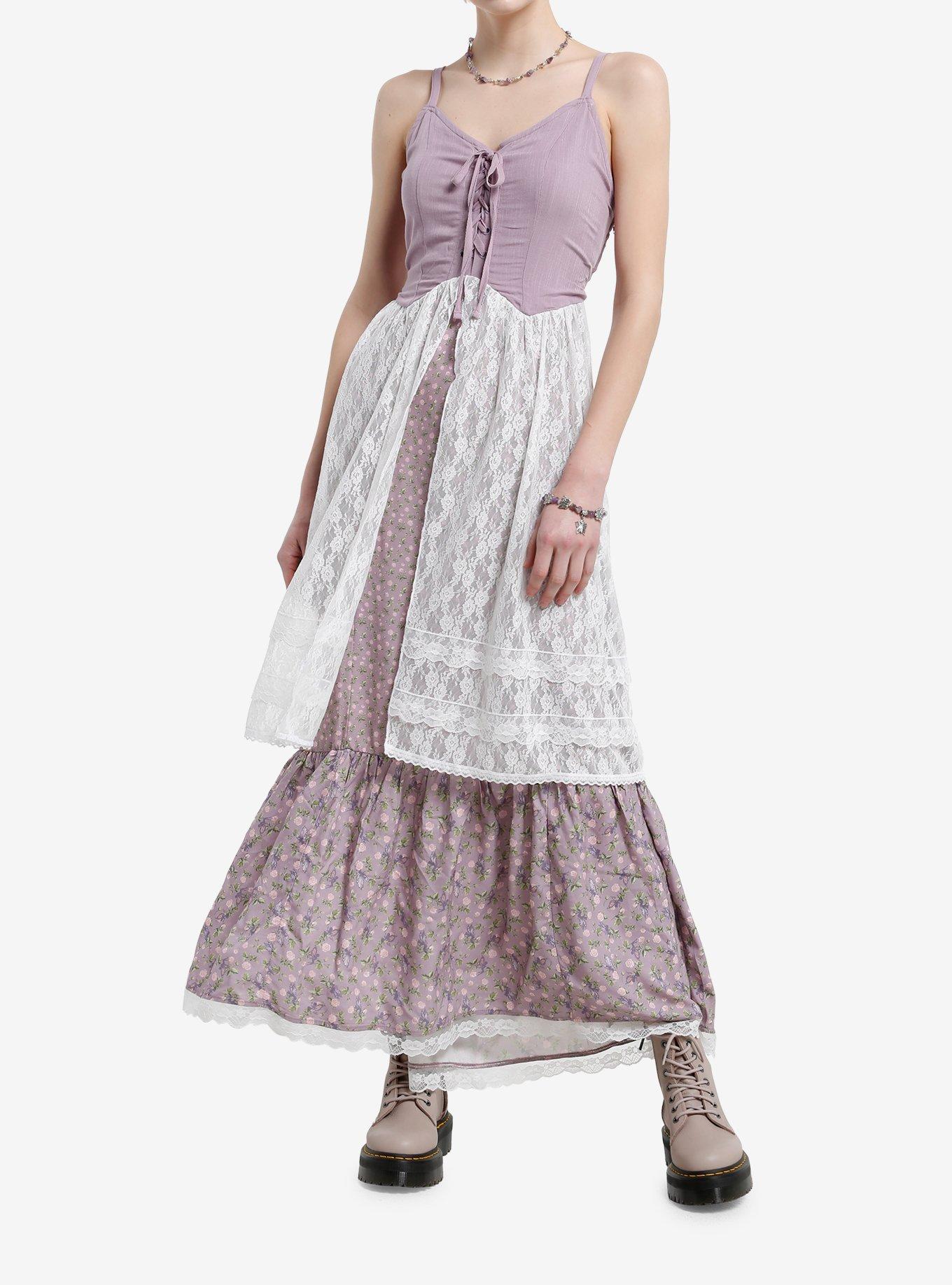 Thorn & Fable Lavender White Lace Floral Maxi Dress, , hi-res