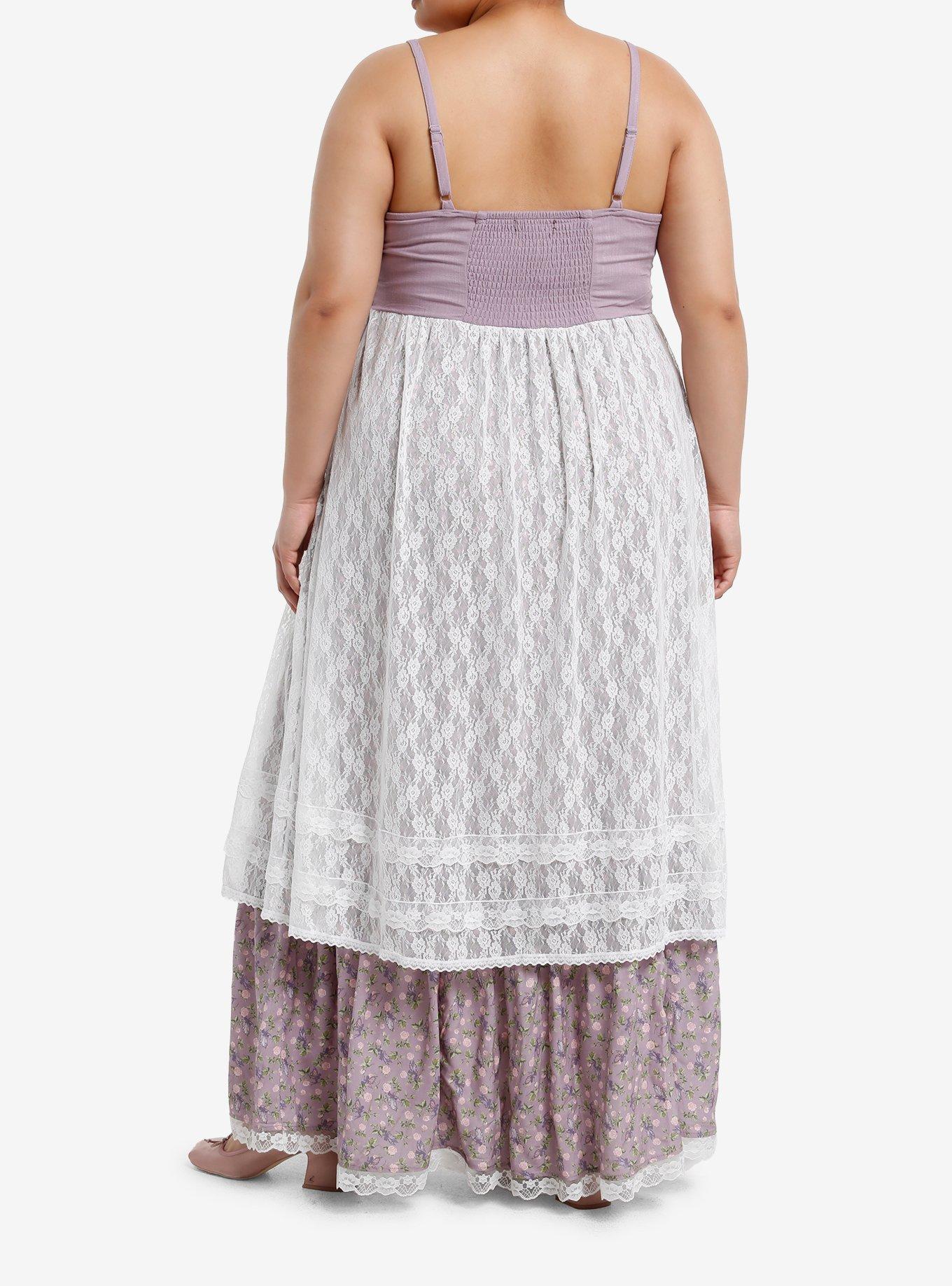 Thorn & Fable Lavender White Lace Floral Maxi Dress Plus Size, , alternate