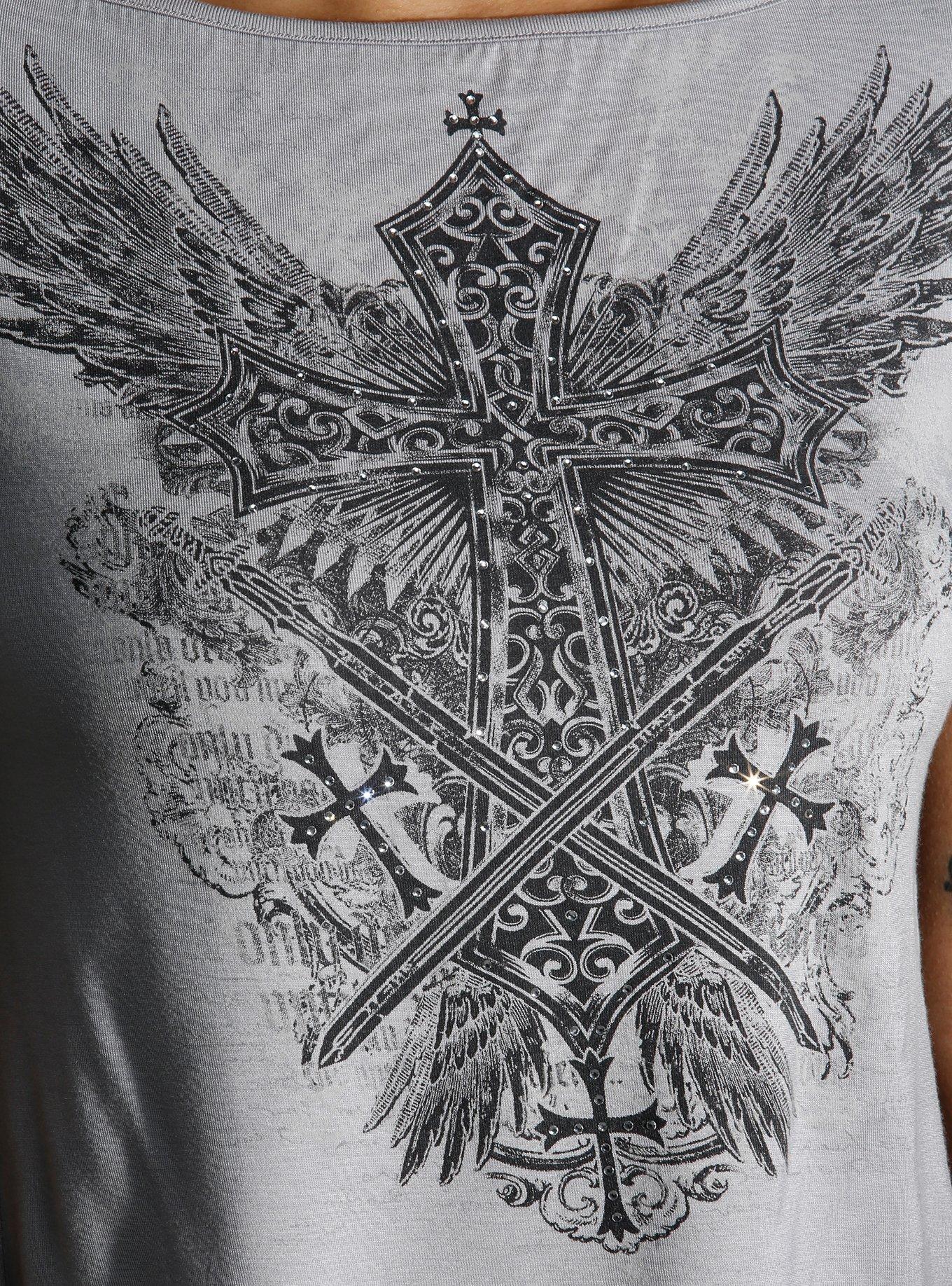 Winged Cross & Swords Rhinestone Grey Girls Top, BLACK, alternate