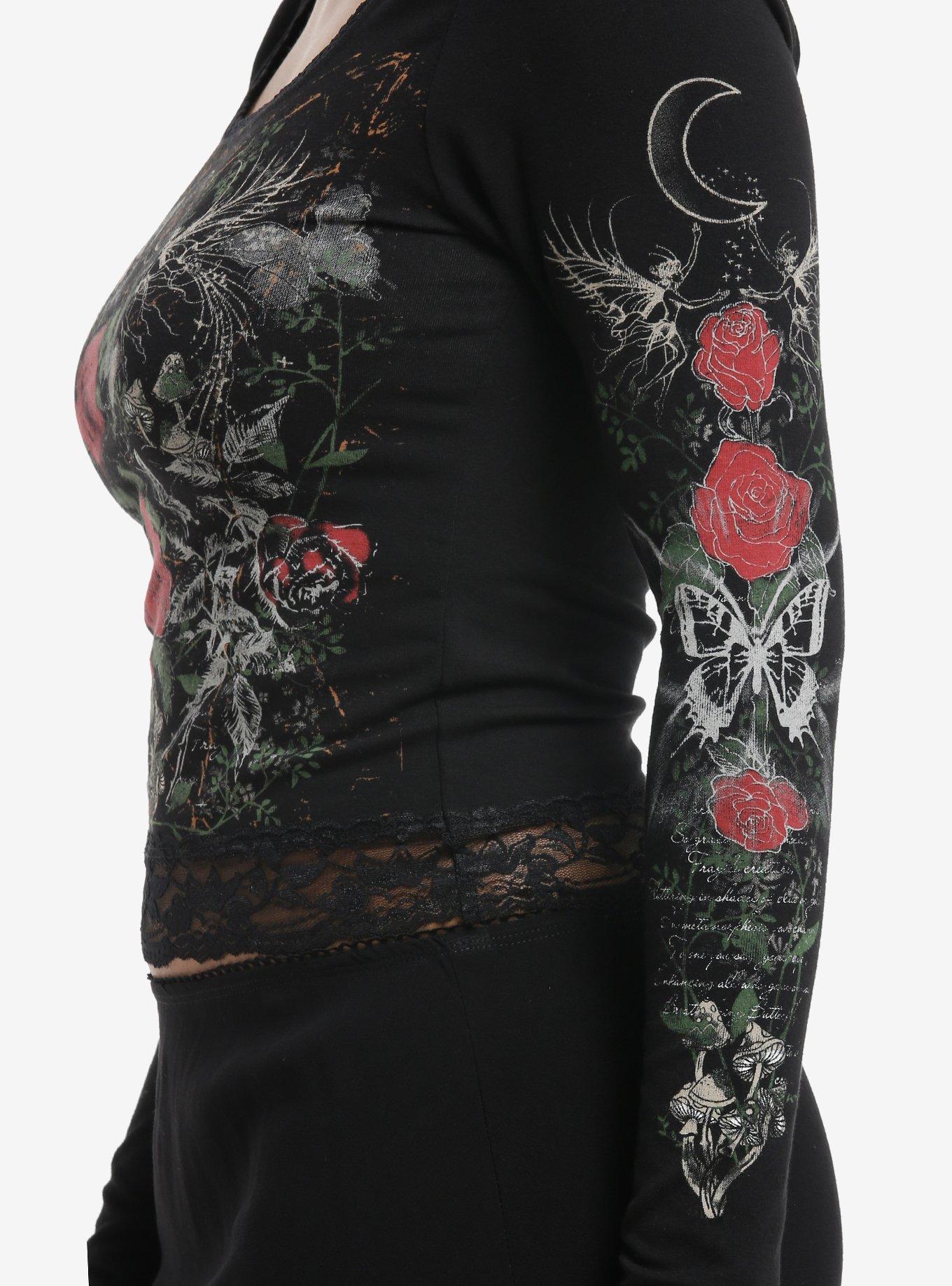 Fairies & Roses Lace Trim Girls Long-Sleeve Top, RED, alternate