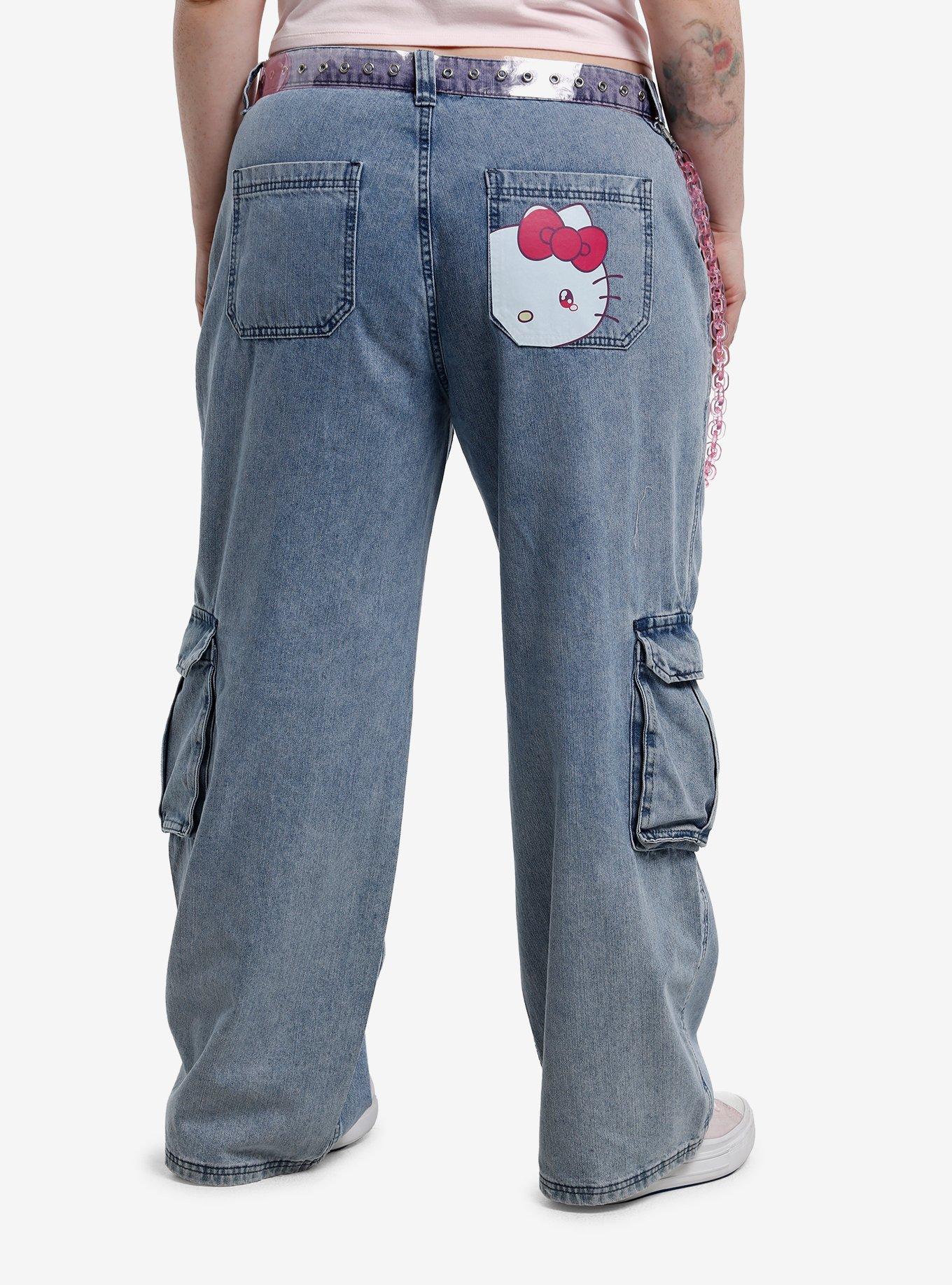 Hello Kitty And Friends Missing You Belted Cargo Jeans With Chain Plus Size, , hi-res