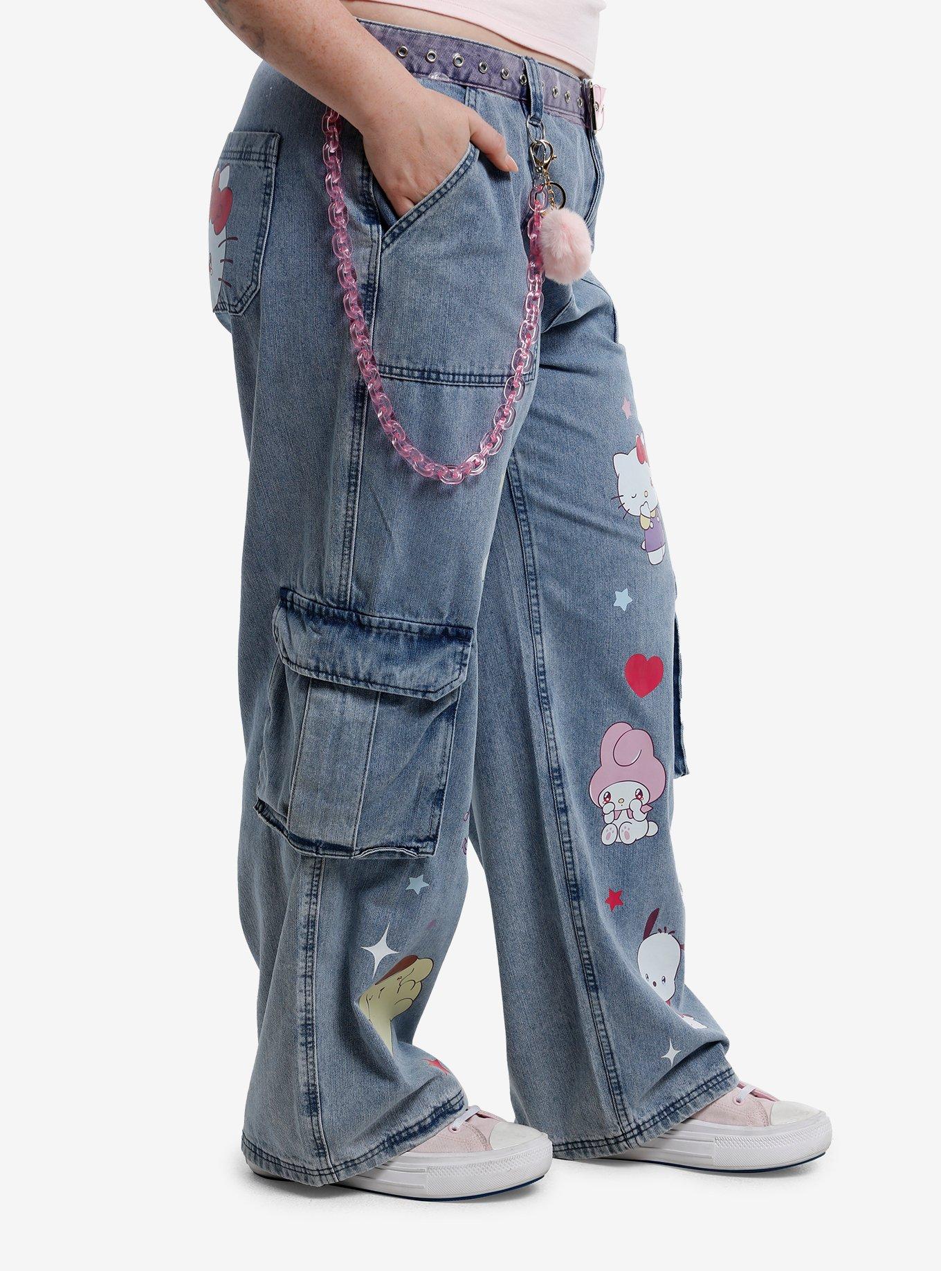 Hello Kitty And Friends Missing You Belted Cargo Jeans With Chain Plus Size, MULTI, alternate