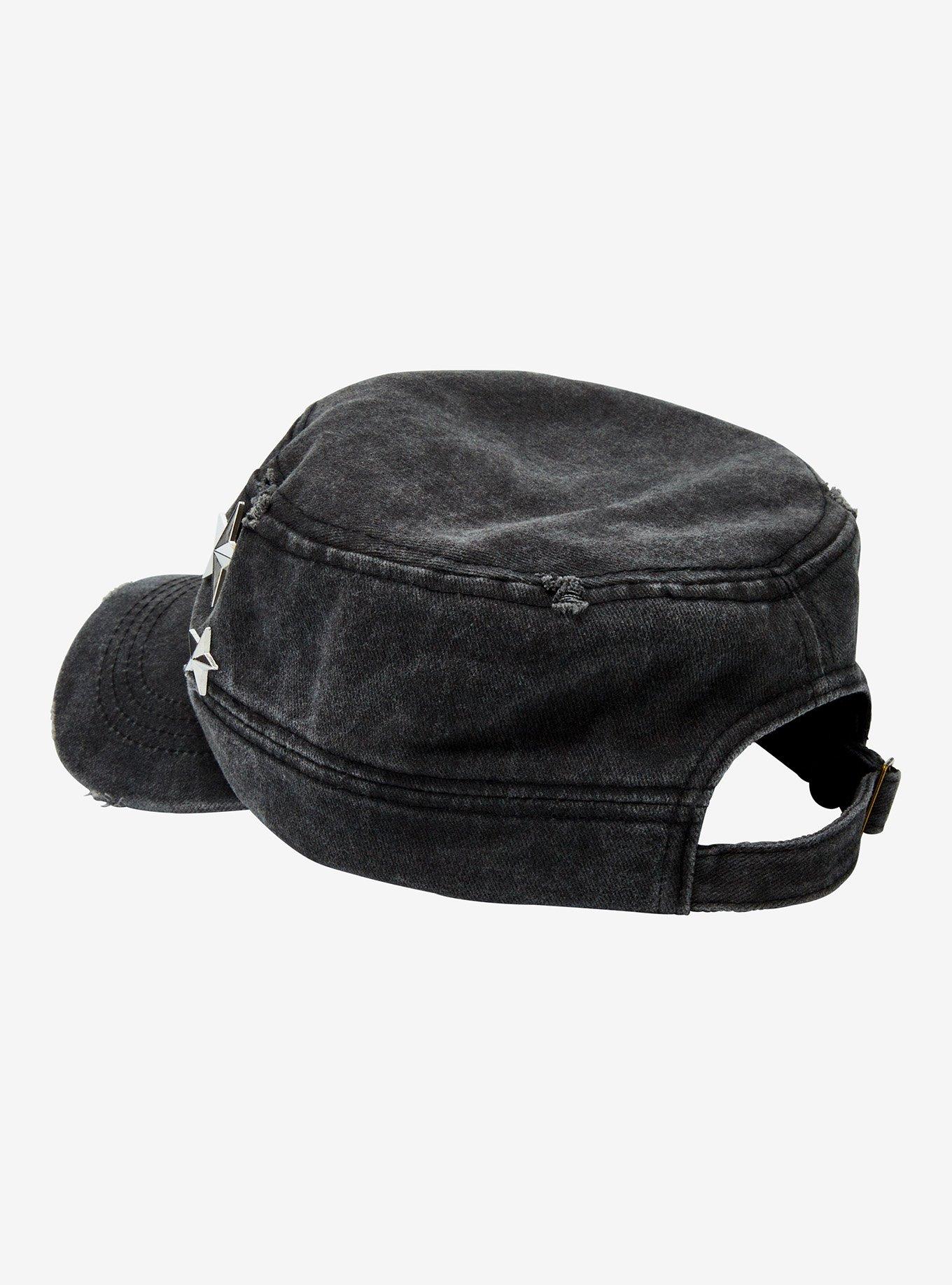 Black Distressed Star Stud Cadet Hat, , hi-res
