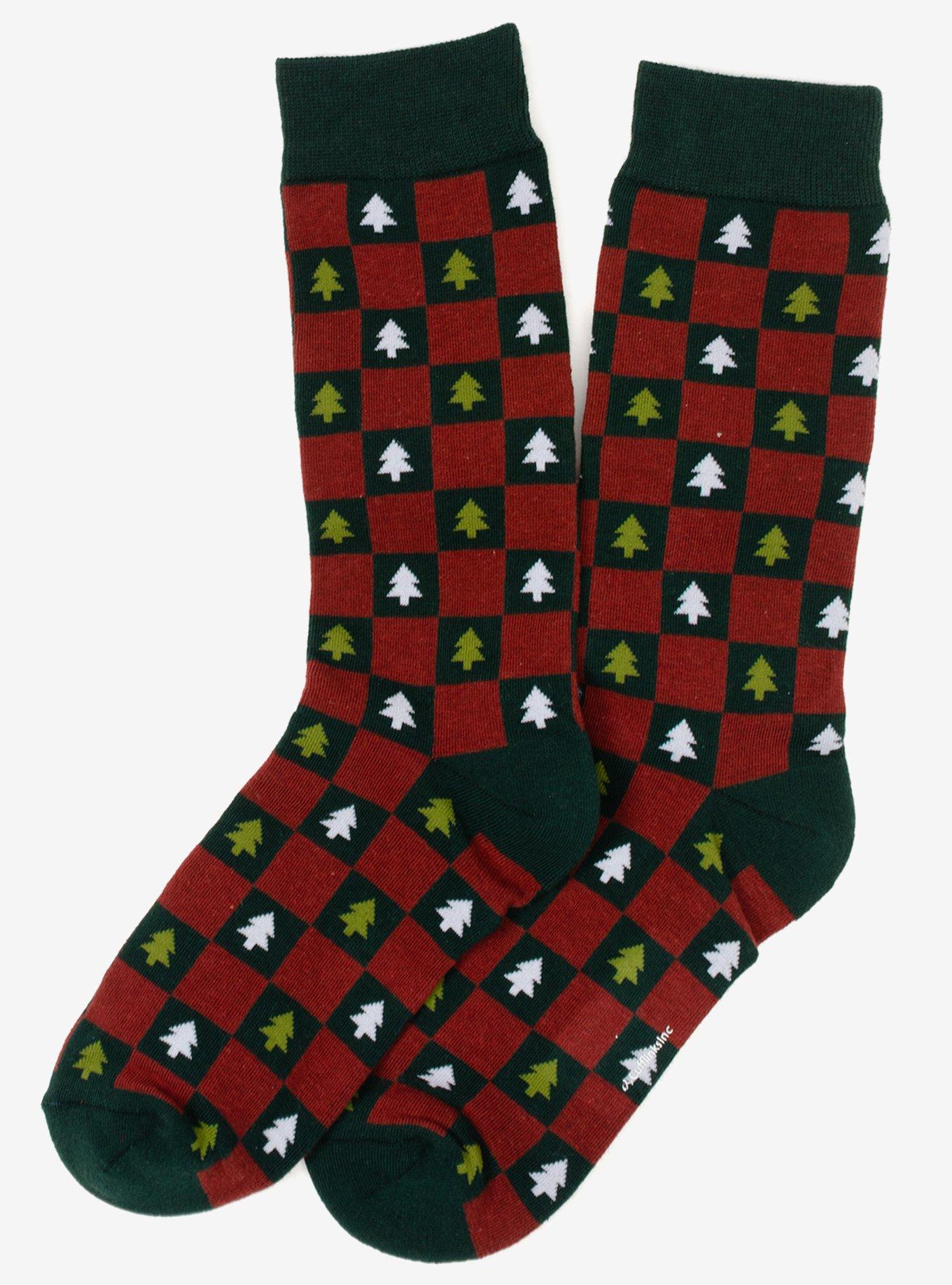 Christmas Tree Red Green Checkered Men's Socks, , alternate