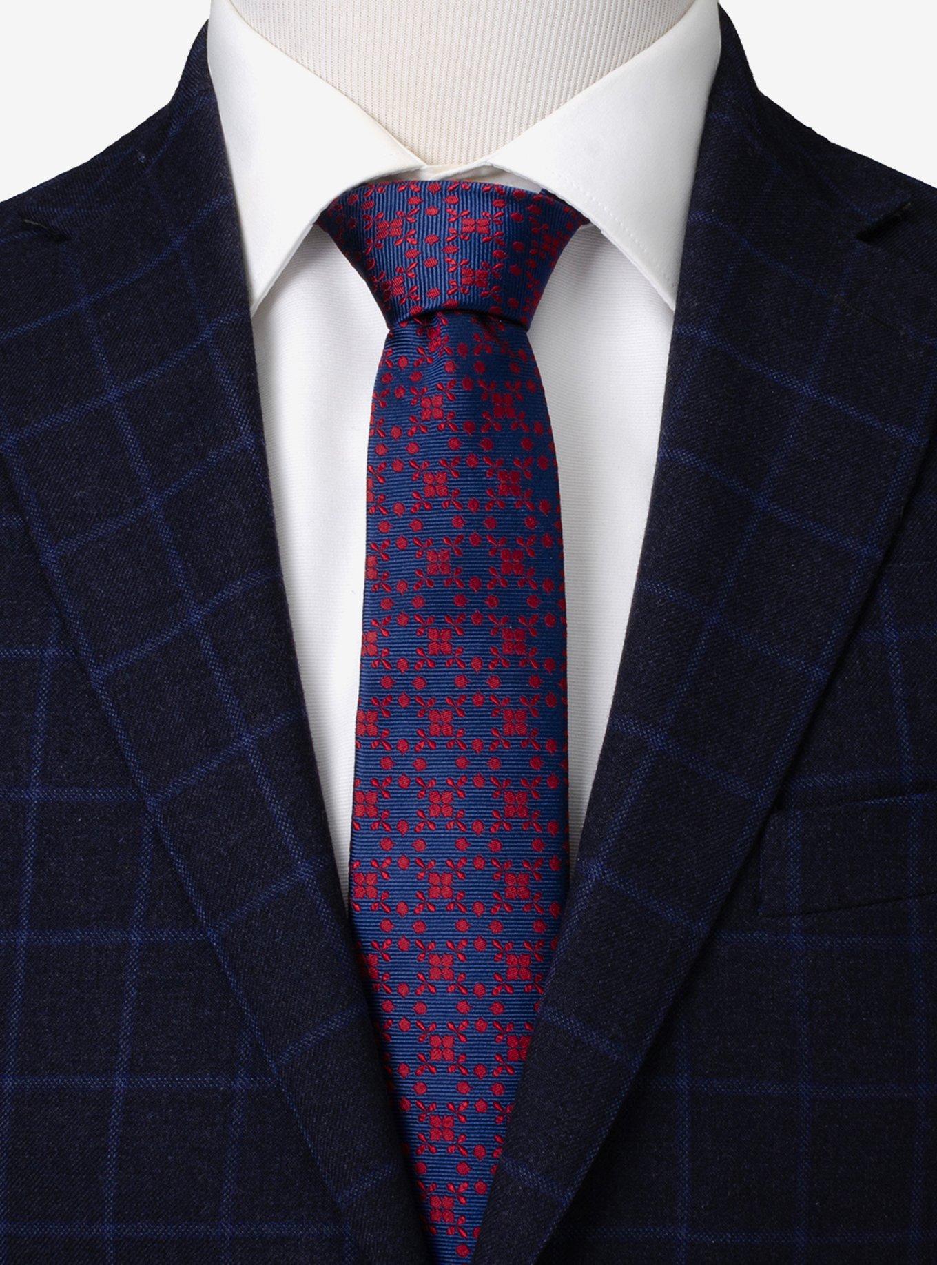 Navy Red Patterned Silk Tie, , hi-res