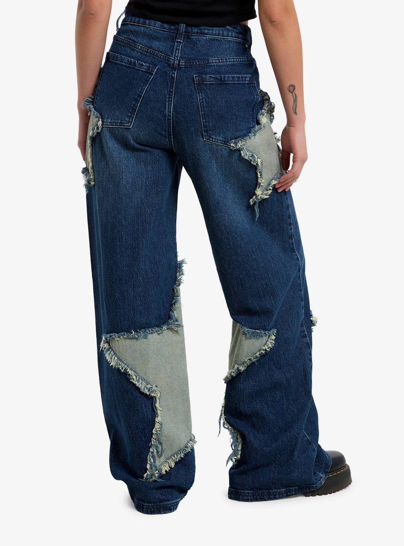 Dark Indigo Frayed Star Patch Wide Leg Jeans, , hi-res