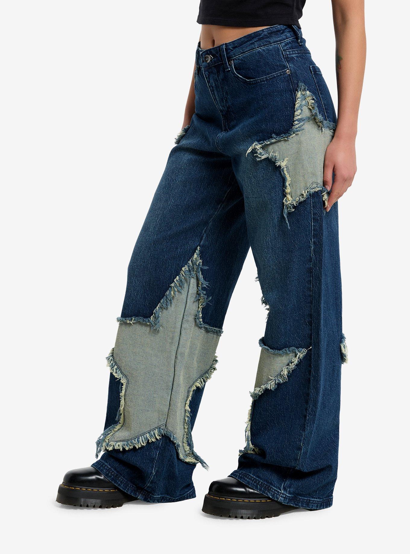 Dark Indigo Frayed Star Patch Wide Leg Jeans, BLUE, alternate
