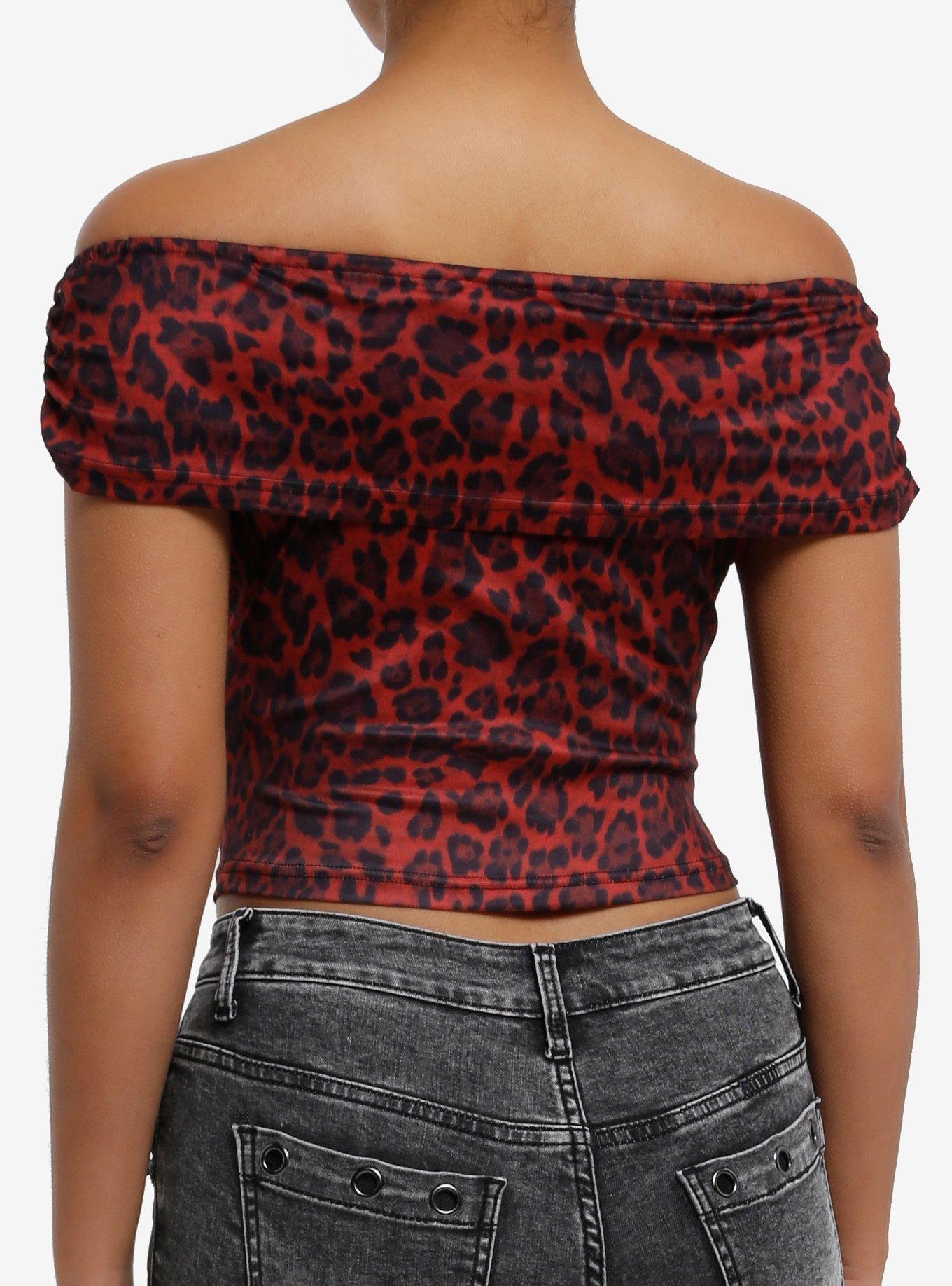 Social Collision Red Leopard Girls Off-Shoulder Top, BLACK, alternate