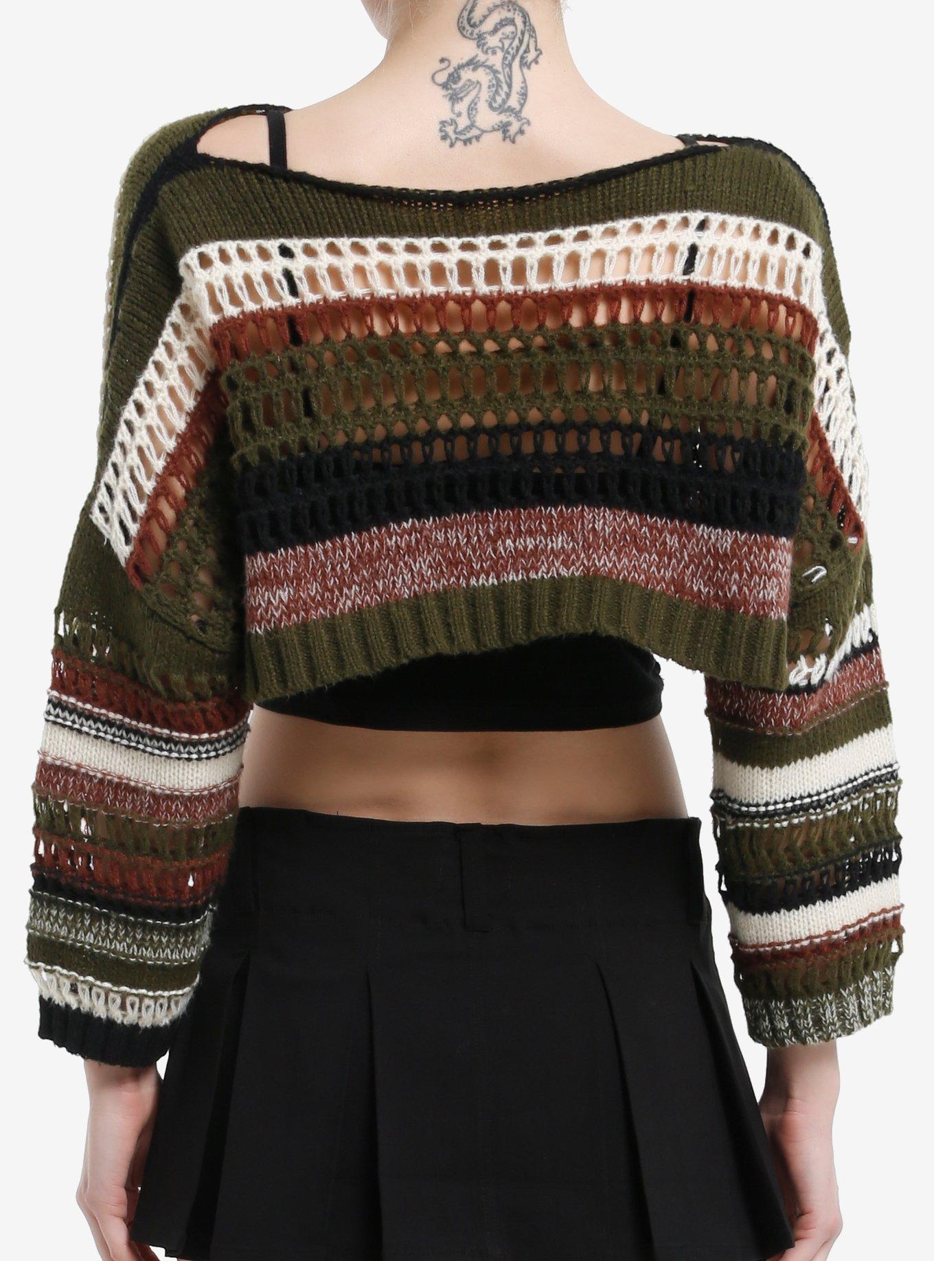 Thorn & Fable Green & Brown Open Knit Bolero Girls Crop Shrug, BLACK, alternate