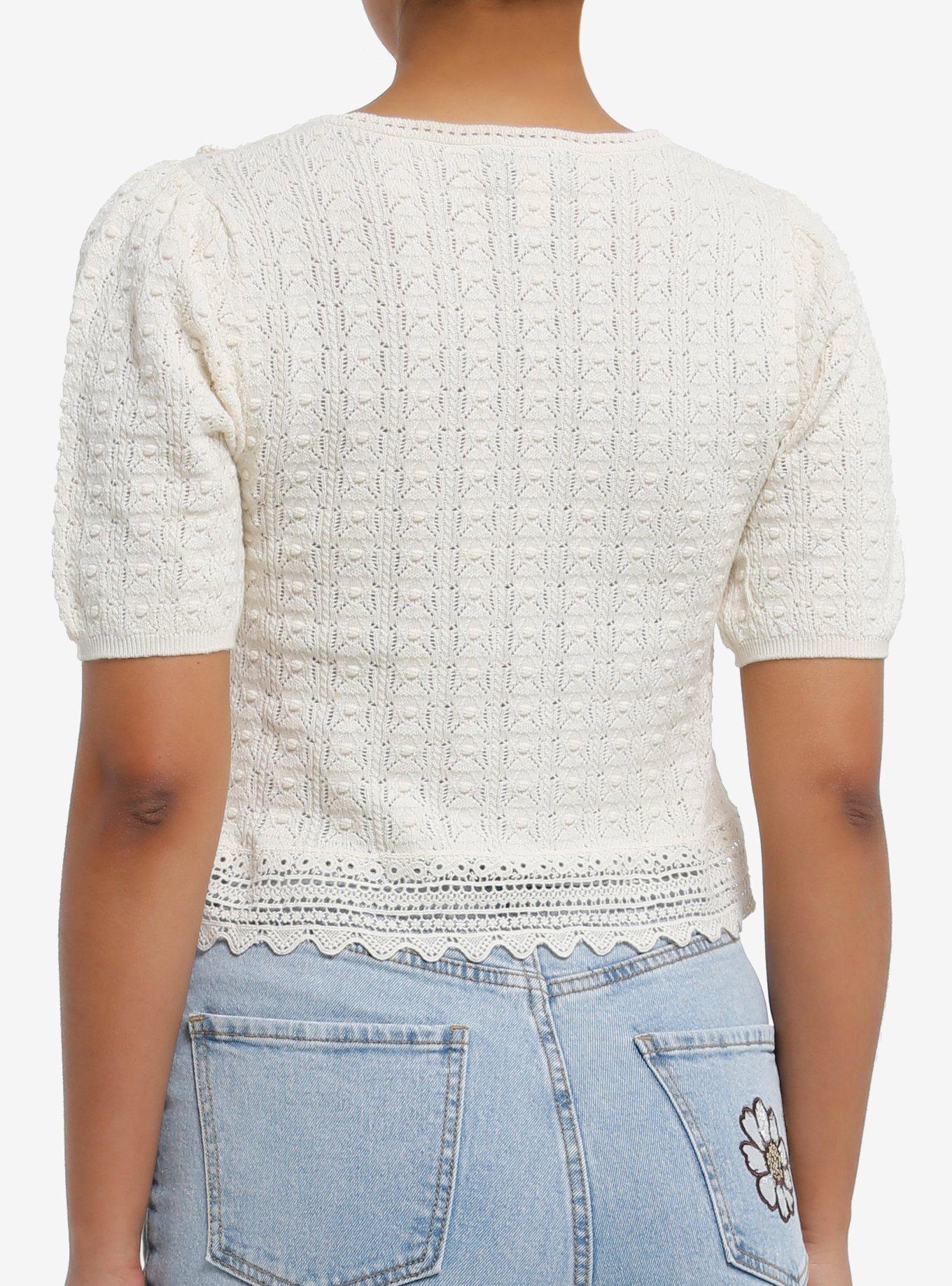 Thorn & Fable Ivory Flower Knit Girls Sweater Top, , alternate