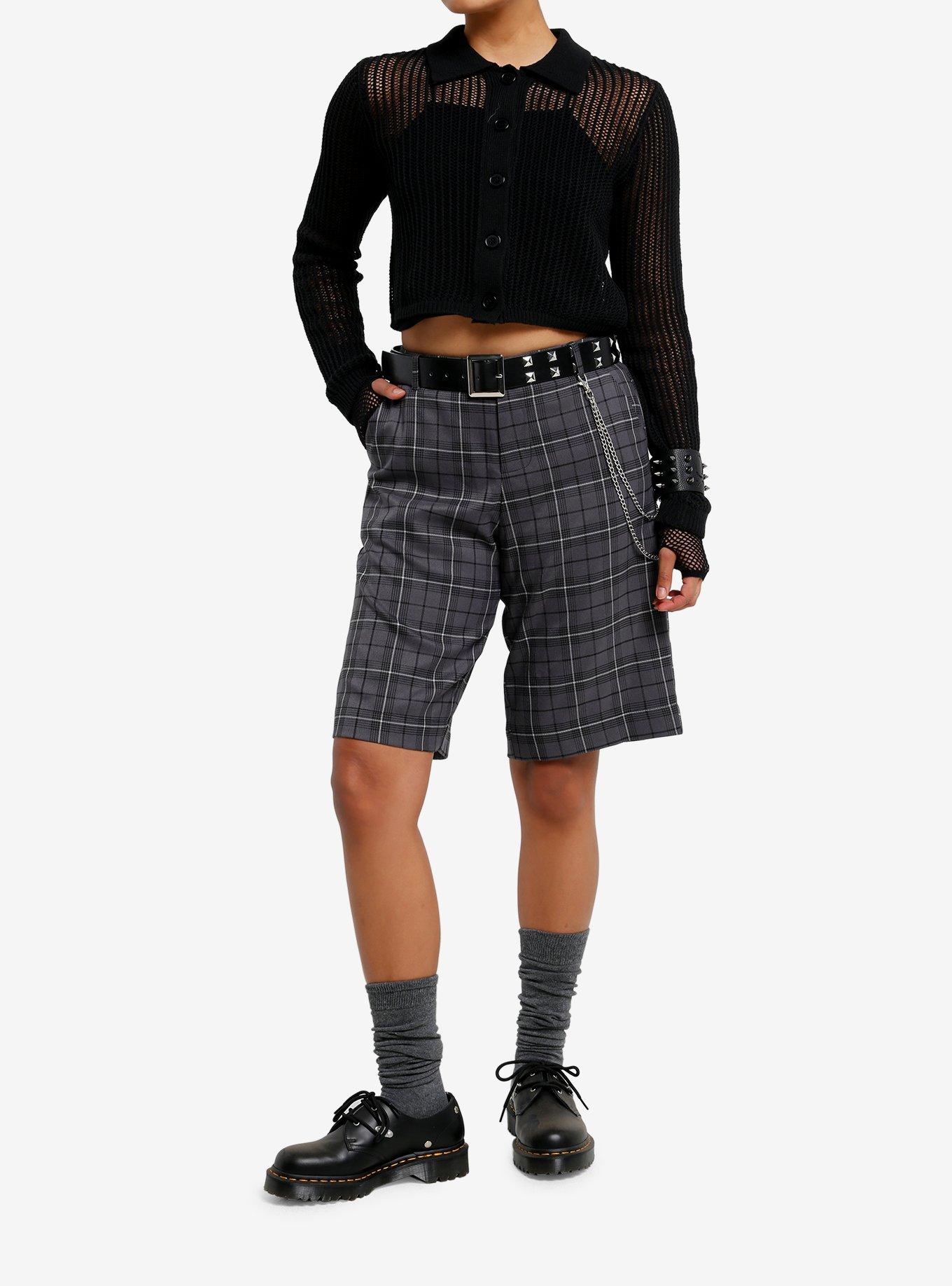 Black Open Knit Collared Girls Crop Cardigan, , hi-res