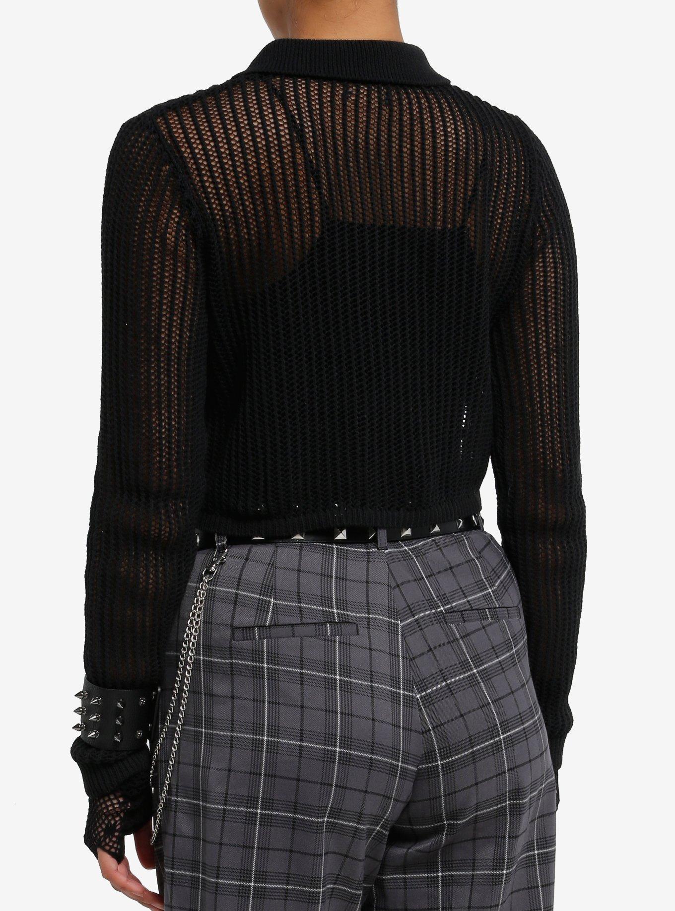 Black Open Knit Collared Girls Crop Cardigan, BLACK, alternate