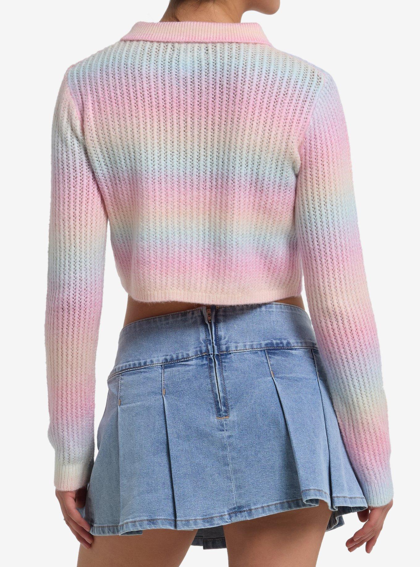 Sweet Society Pastel Rainbow Open Knit Collared Girls Crop Cardigan, RAINBOW, alternate