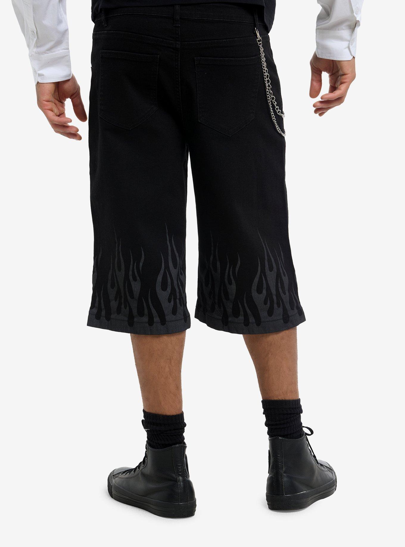 Black Denim Flame Side Chain Jorts, , hi-res