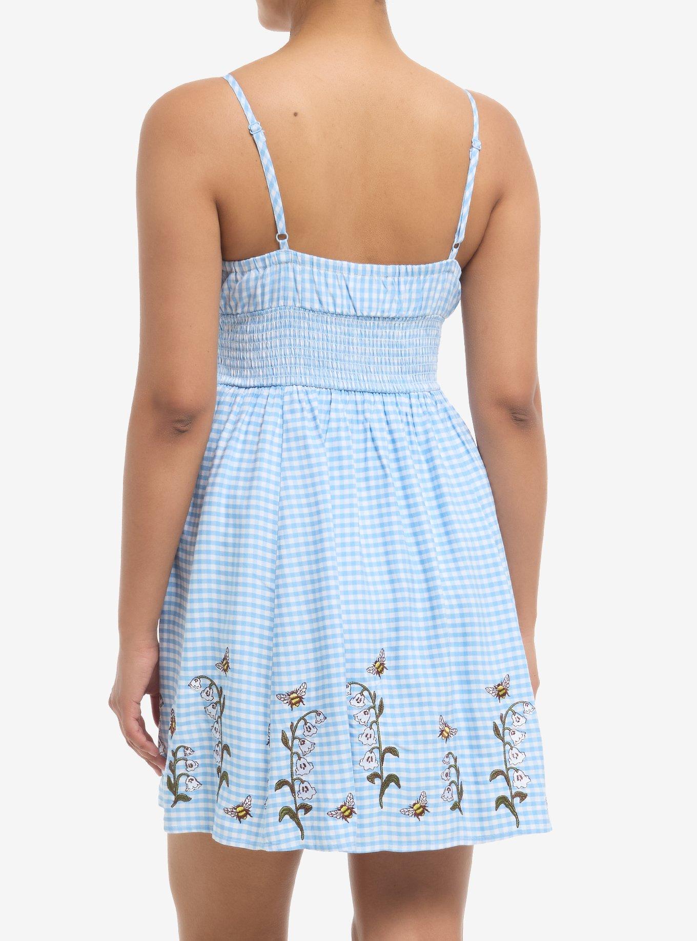 Thorn & Fable Blue Gingham Bee Ghost Flower Dress, , hi-res