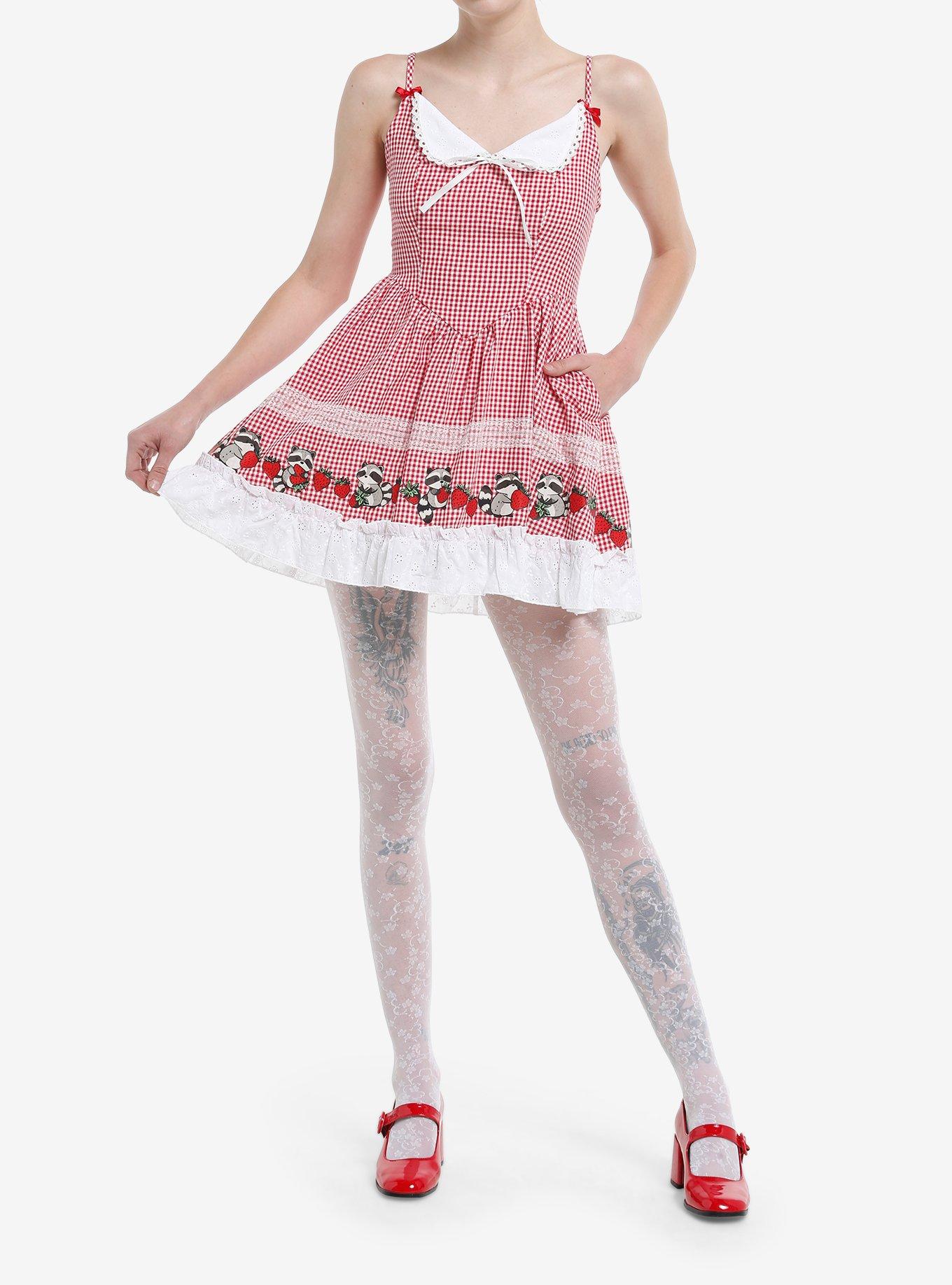 Thorn & Fable Raccoons & Strawberries Red Gingham Cami Dress, , hi-res