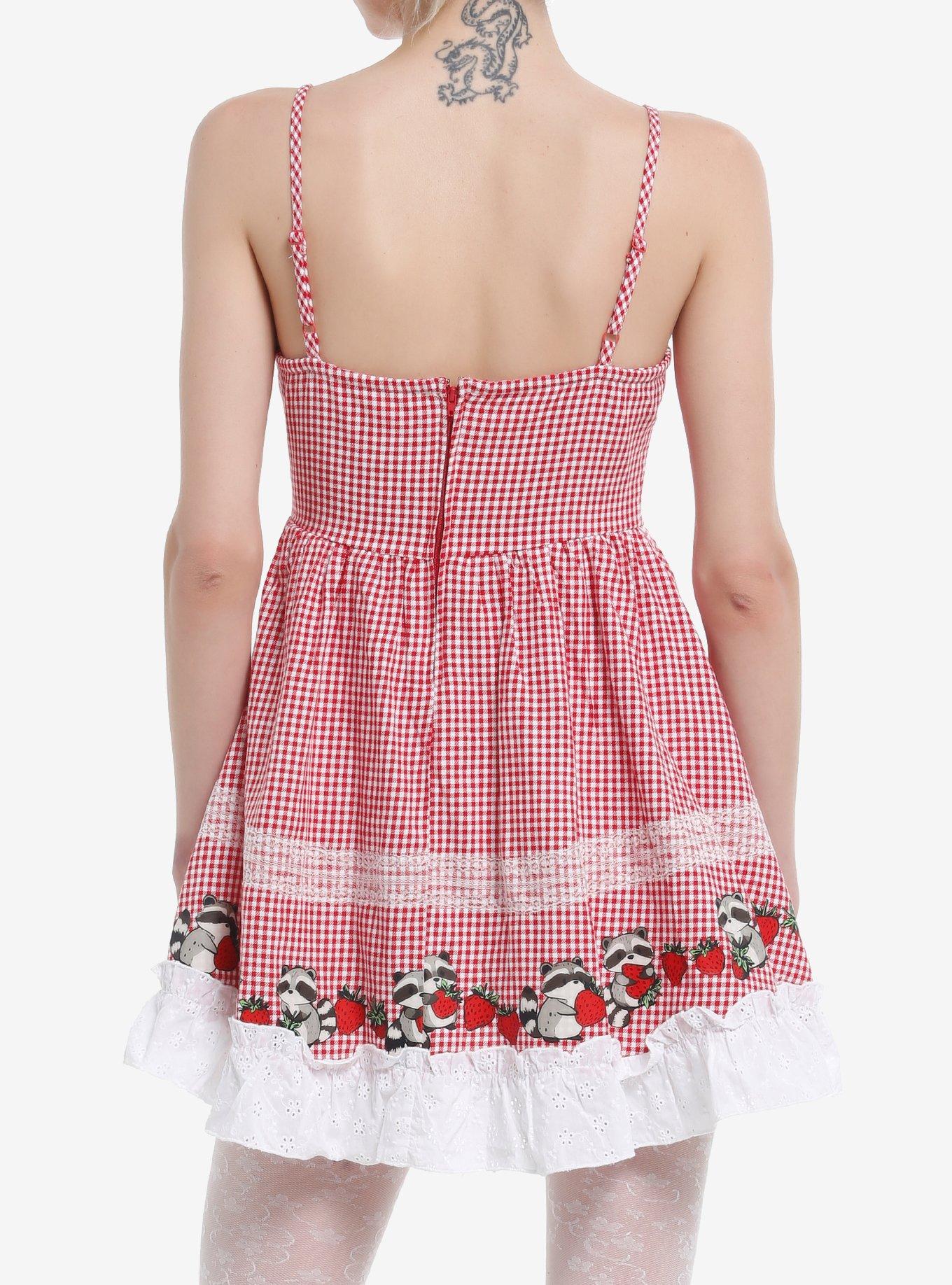 Thorn & Fable Raccoons & Strawberries Red Gingham Cami Dress, , alternate