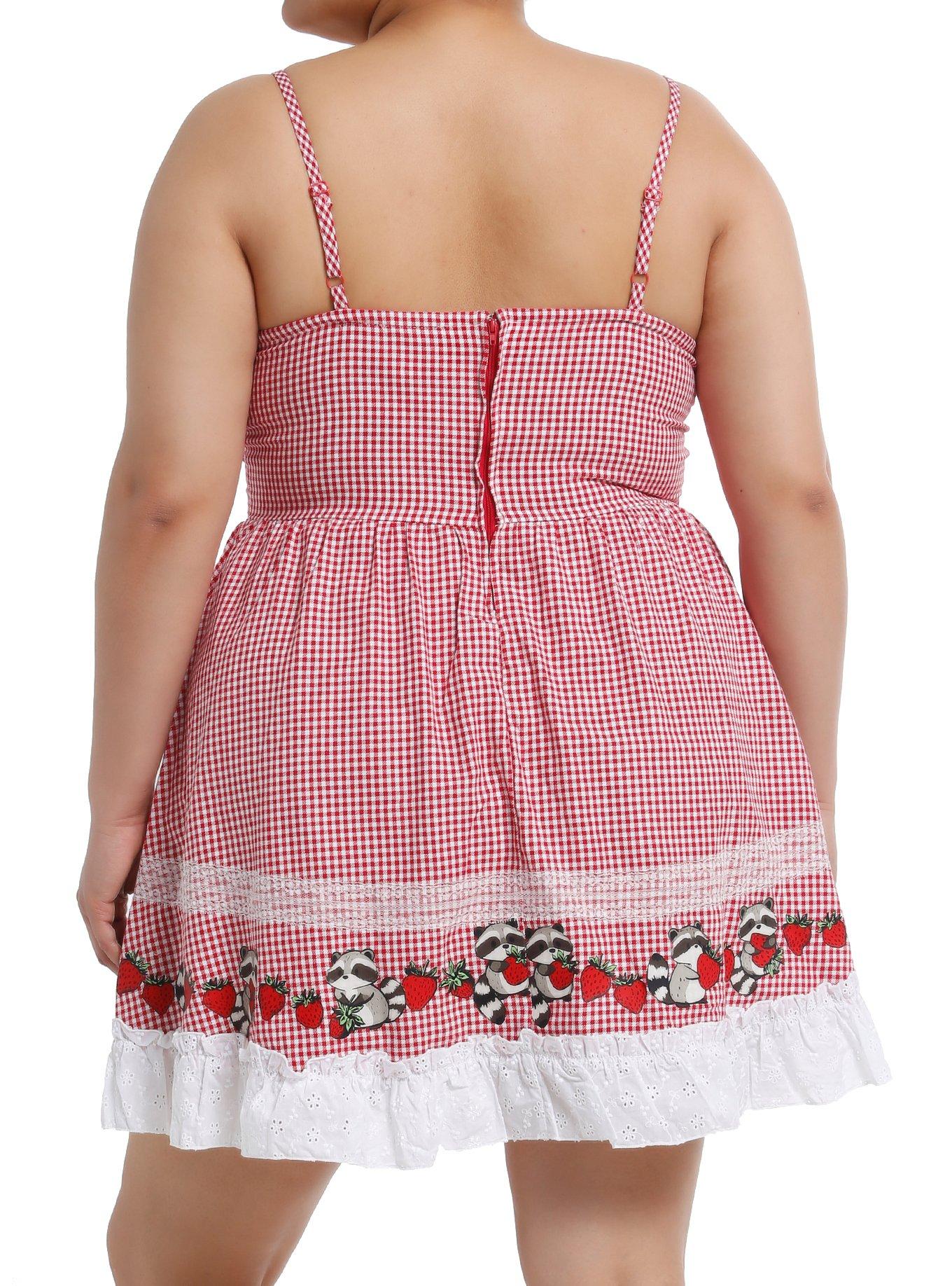 Thorn & Fable Raccoons & Strawberries Red Gingham Cami Dress Plus Size, , alternate