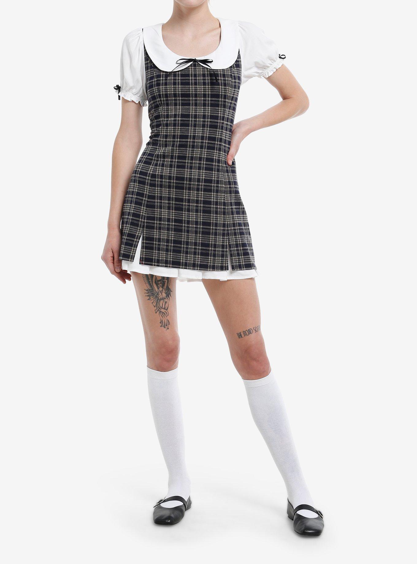 Thorn & Fable Brown & Black Plaid Puff Sleeve Collar Mini Dress, , hi-res