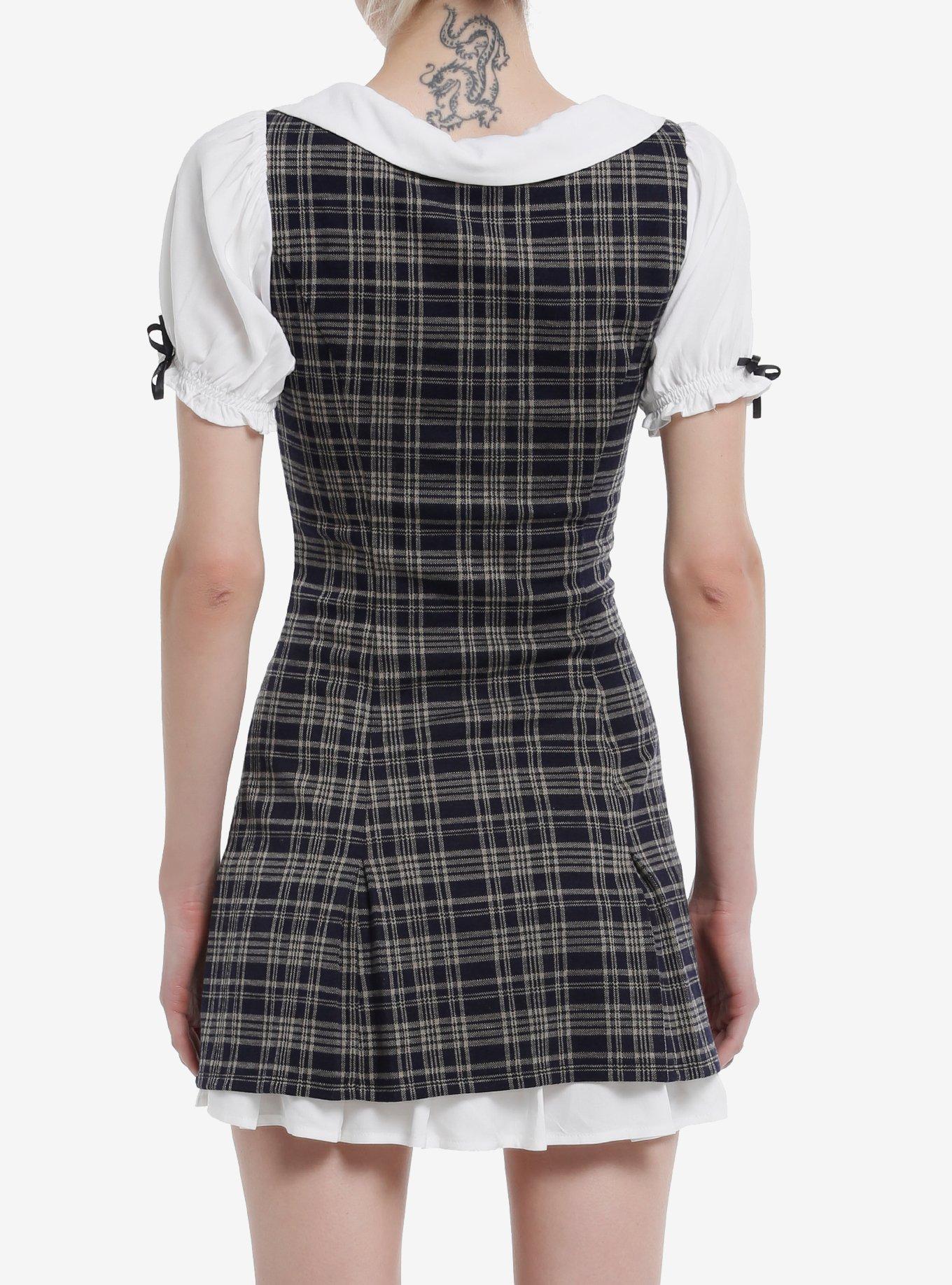 Thorn & Fable Brown & Black Plaid Puff Sleeve Collar Mini Dress, NAVY, alternate