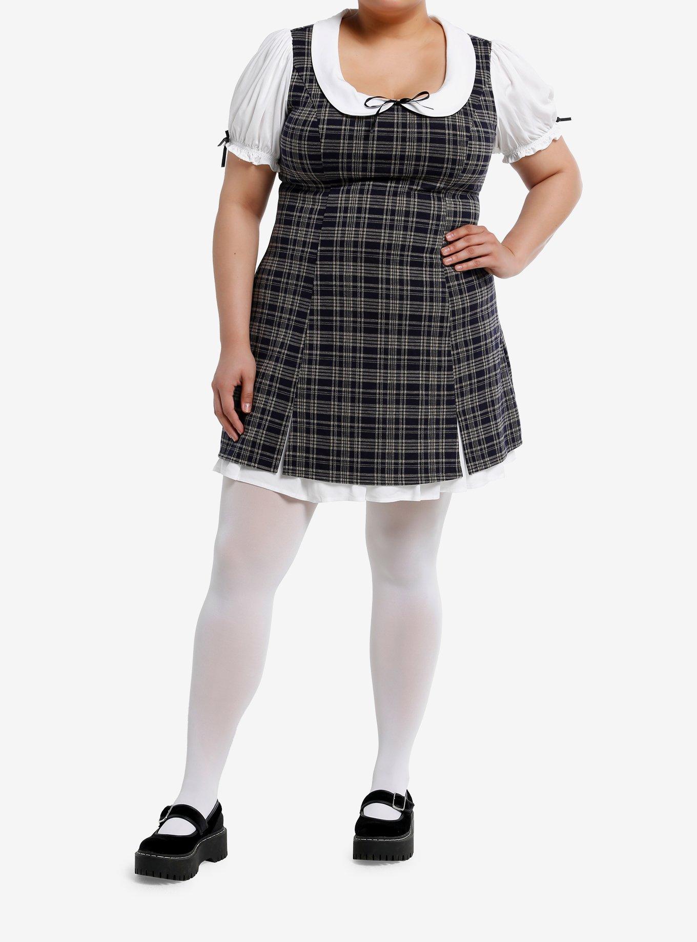 Thorn & Fable Brown & Black Plaid Puff Sleeve Collar Mini Dress Plus Size, , hi-res