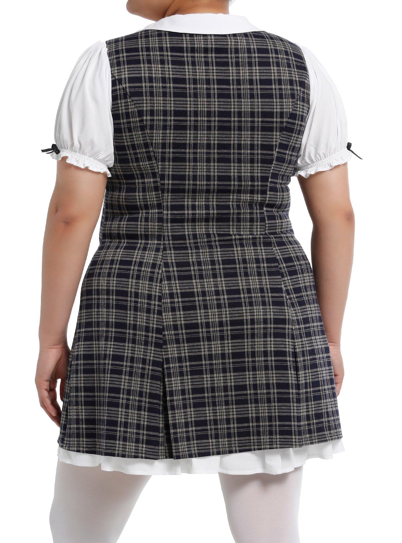 Thorn & Fable Brown & Black Plaid Puff Sleeve Collar Mini Dress Plus Size, NAVY, alternate
