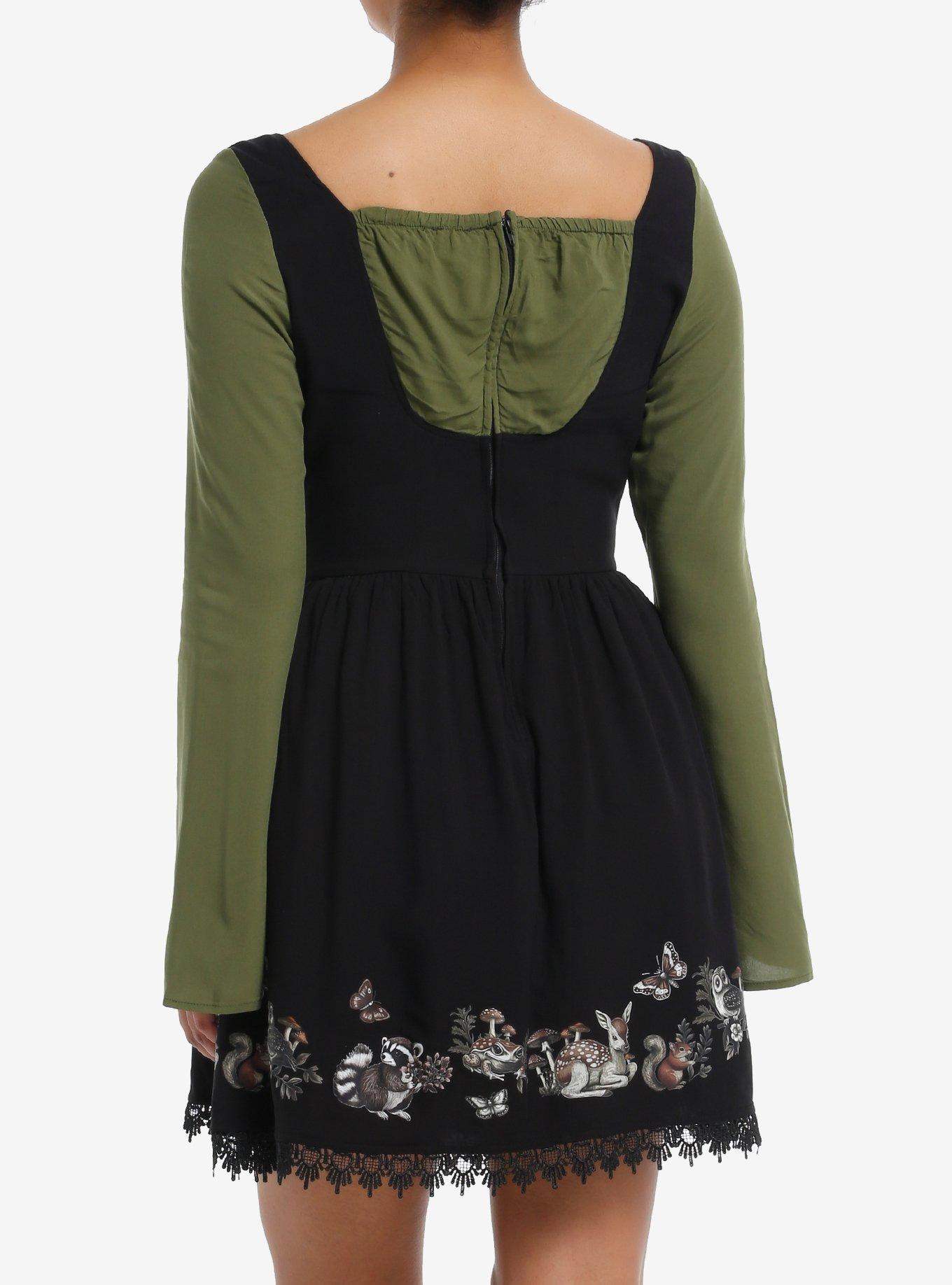 Thorn & Fable Woodland Critters Lace-Up Bell Sleeve Dress, GREEN, alternate