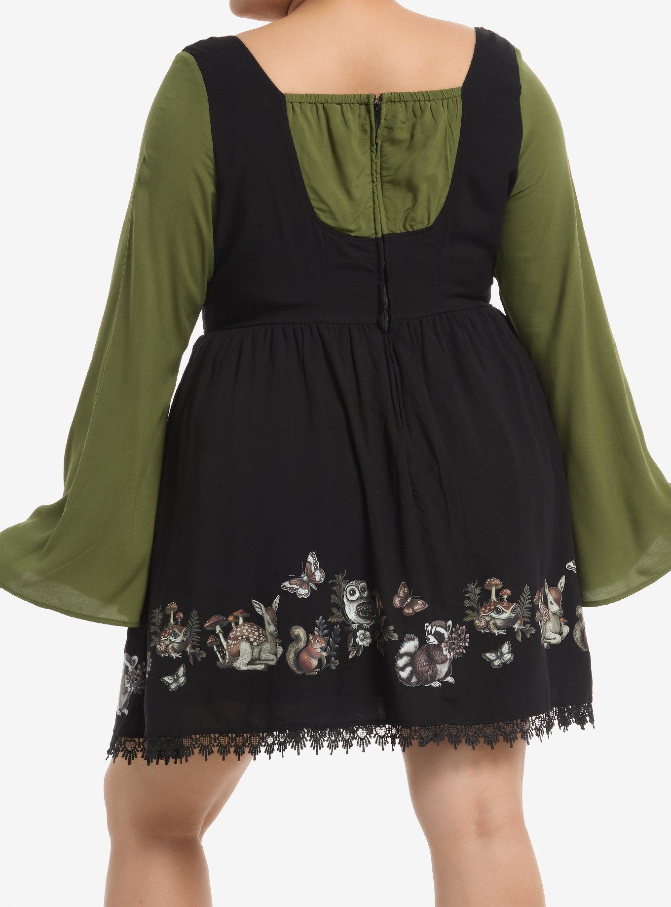 Thorn & Fable Woodland Critters Lace-Up Bell Sleeve Dress Plus Size, GREEN, alternate
